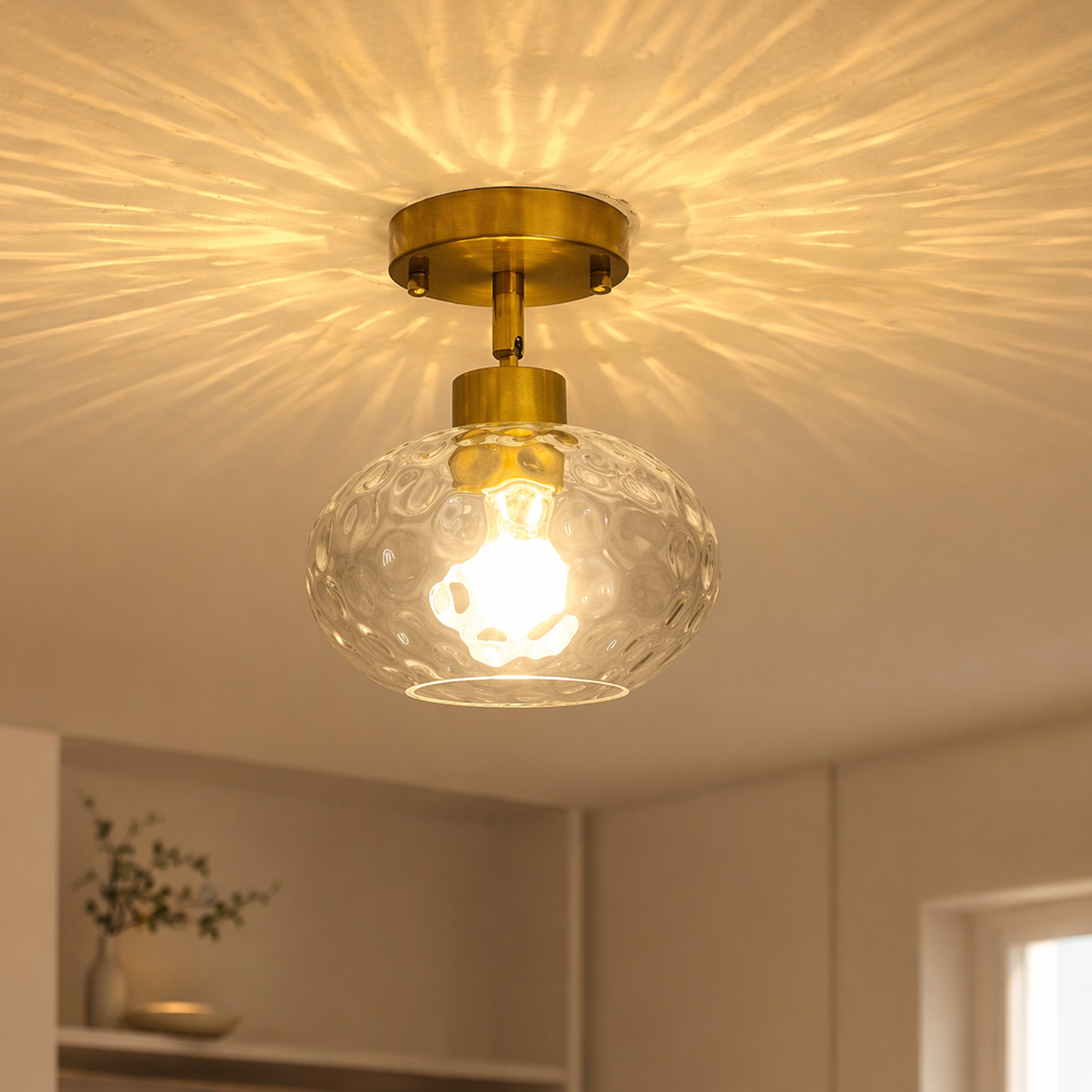 GZJunYo 1-Light 7.87-in Gold Indoor Semi-Flush Mount Light with Hammered Glass
