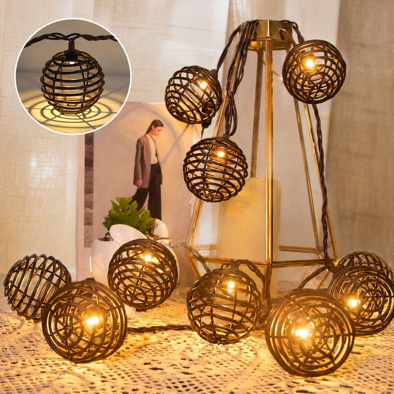 Oyezvary  Rattan Ball String Lights Plug In Waterproof Decorative Patio Lights 10 Bulbs Connectable for Outdoor Garden Home Decor 1 Pack