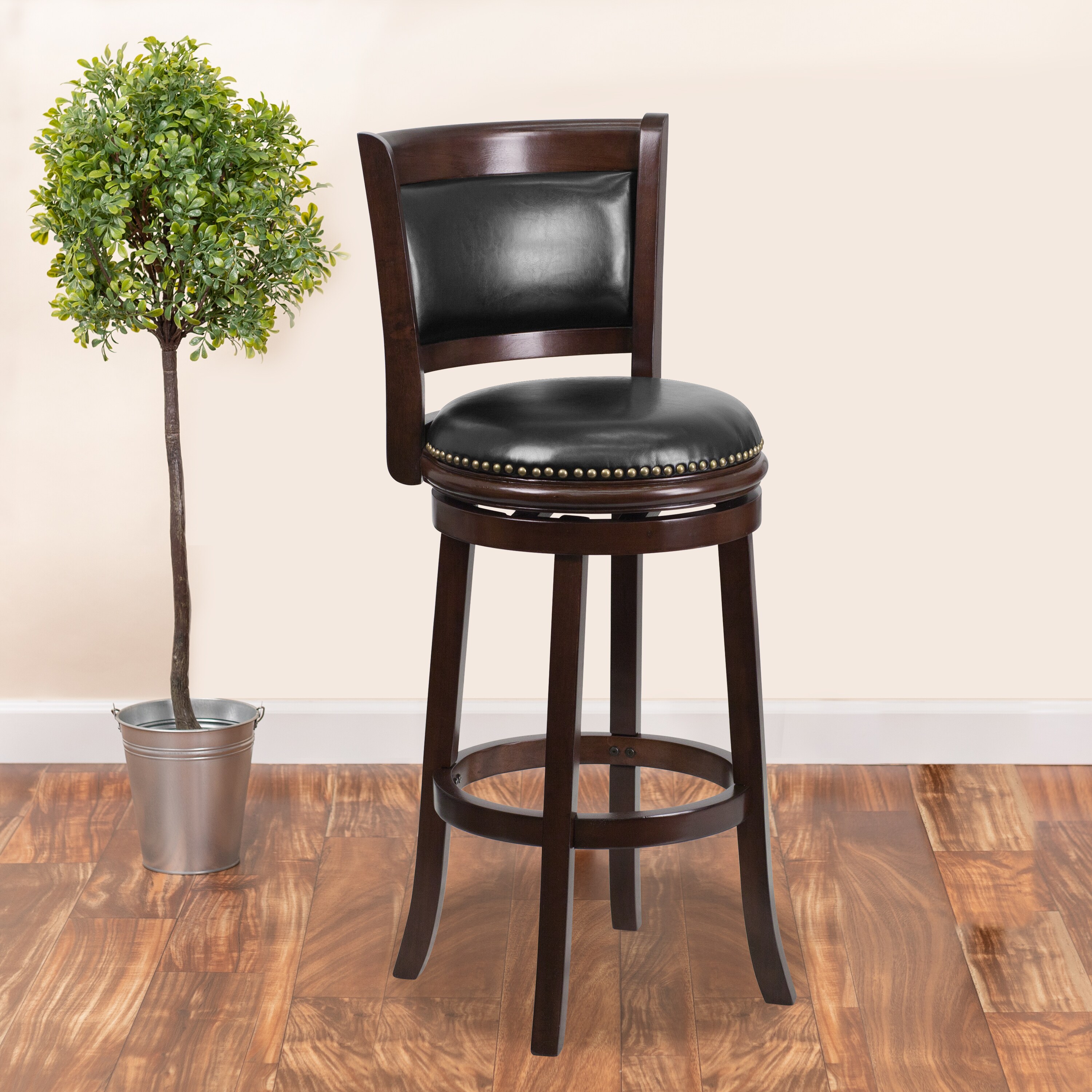 Elegant 43'' Black Leather and Cappuccino Wood Swivel Barstool