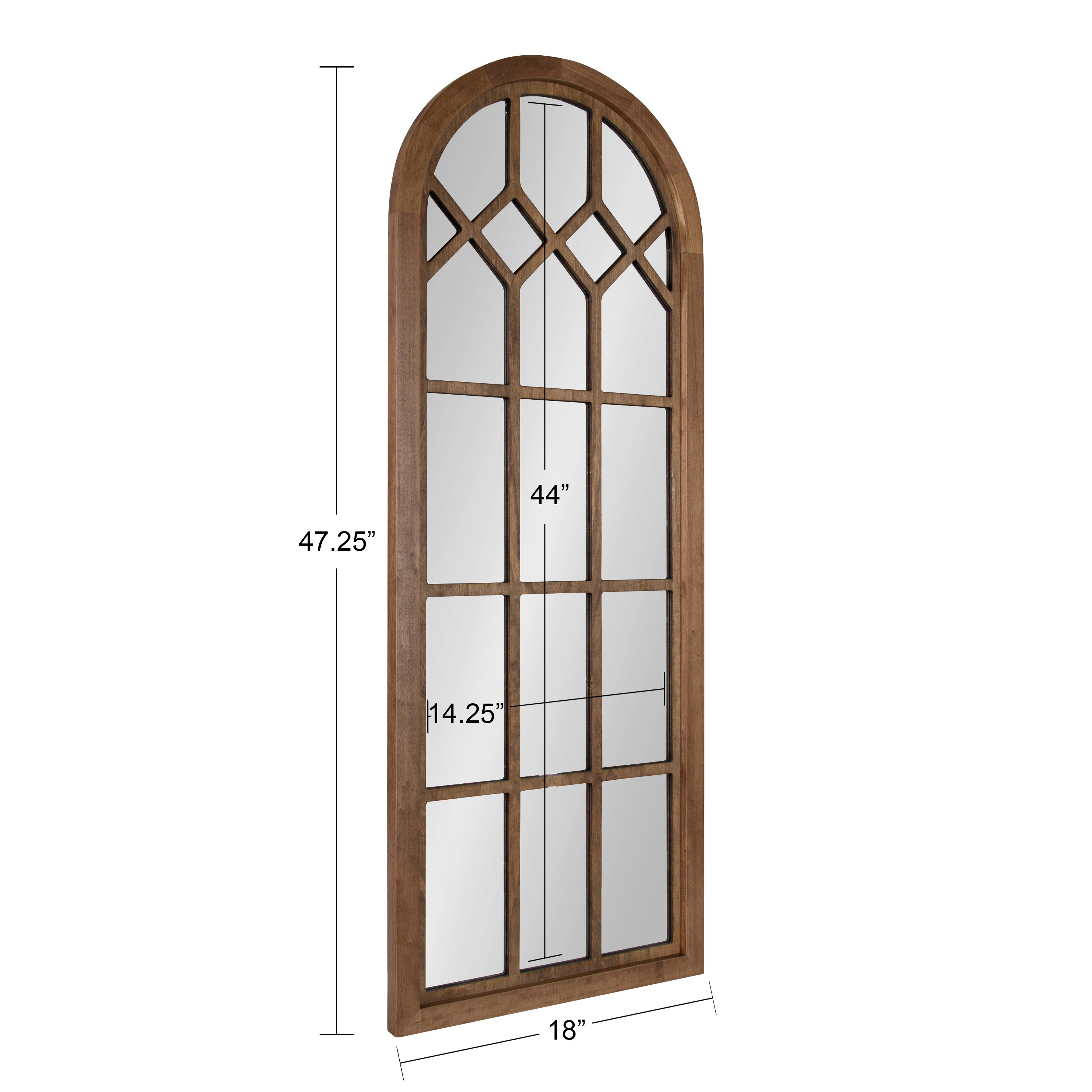 Rustic Brown Arch Wood Framed Windowpane Wall Mirror, 18 x 47