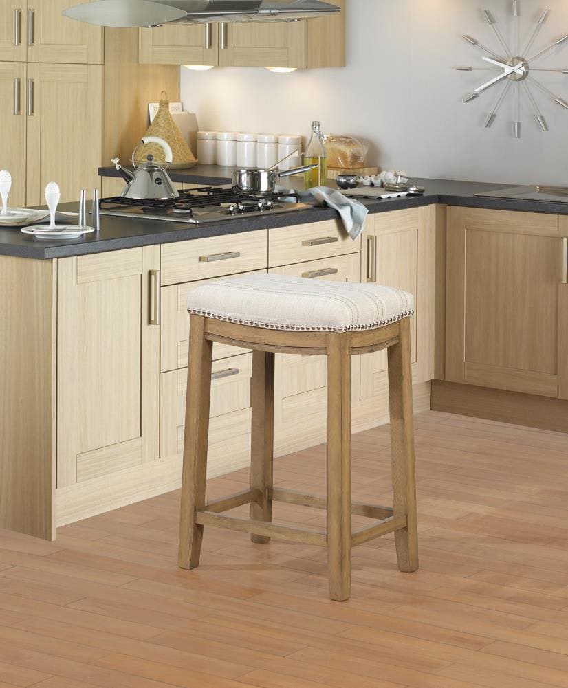 Natural Wood Backless Saddle Counter Stool with Striped Linen Seat