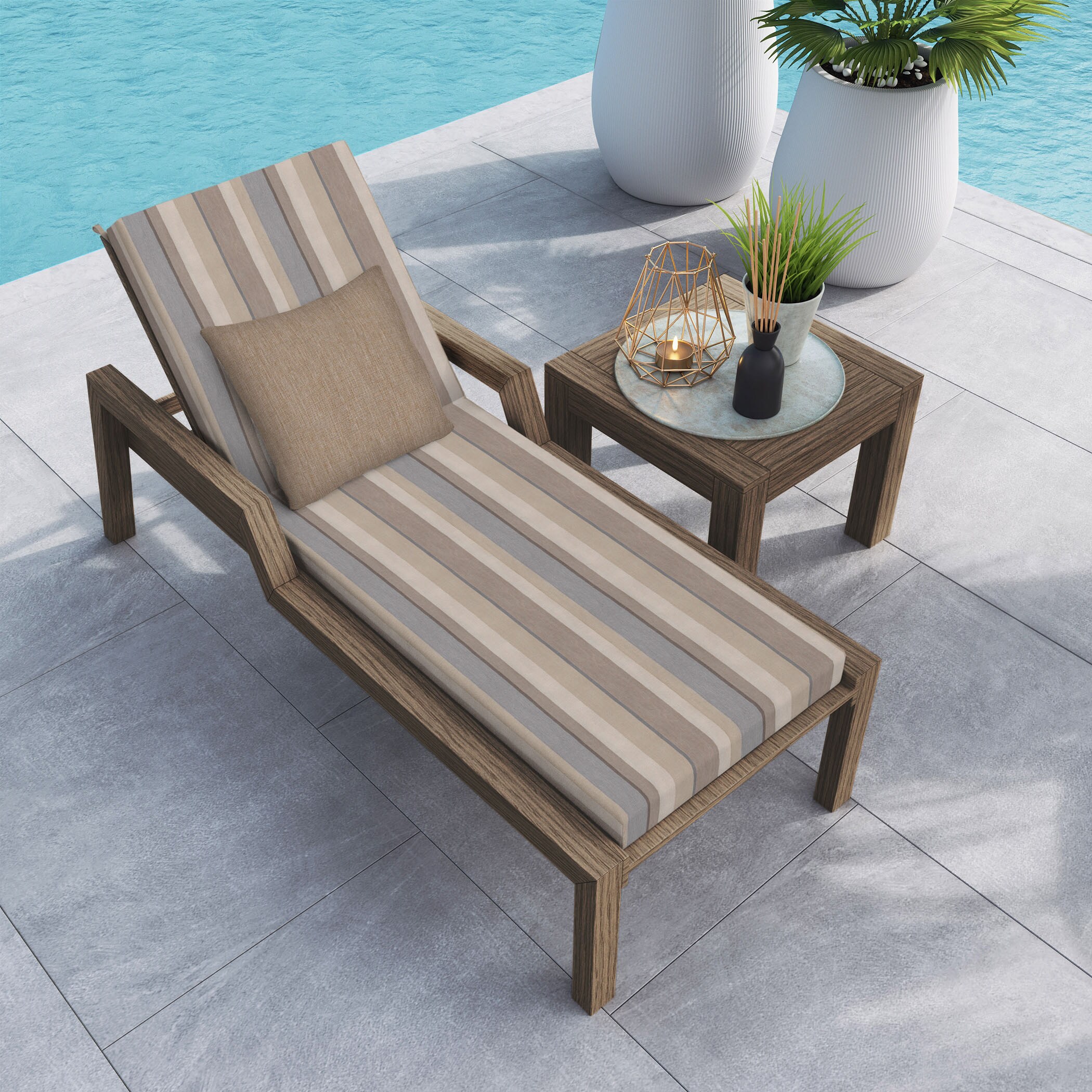 Stripe Taupe Polyester Outdoor Chaise Lounge Cushion