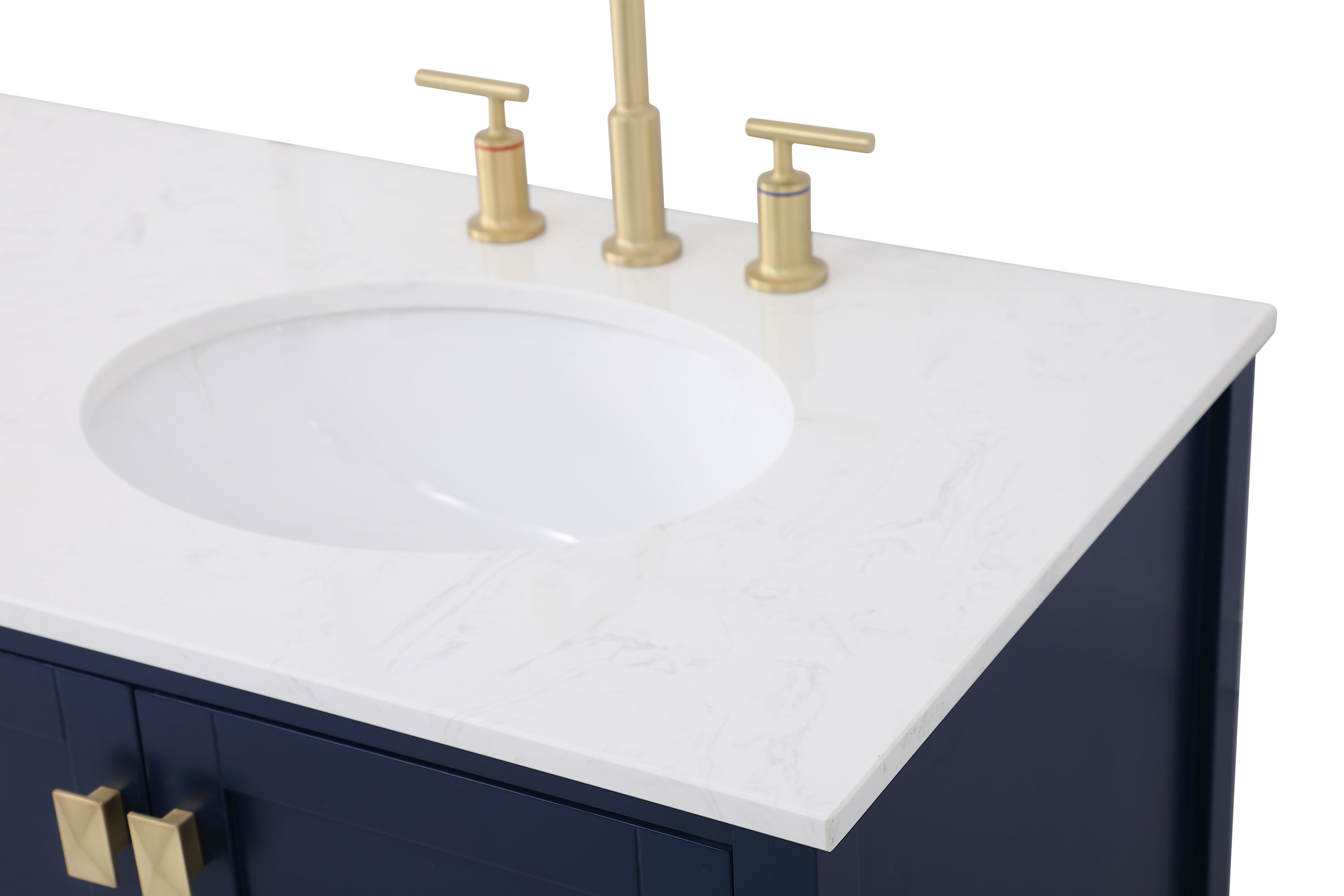 Blue and Gold 72" Double Bathroom Vanity with Calacatta White Countertop