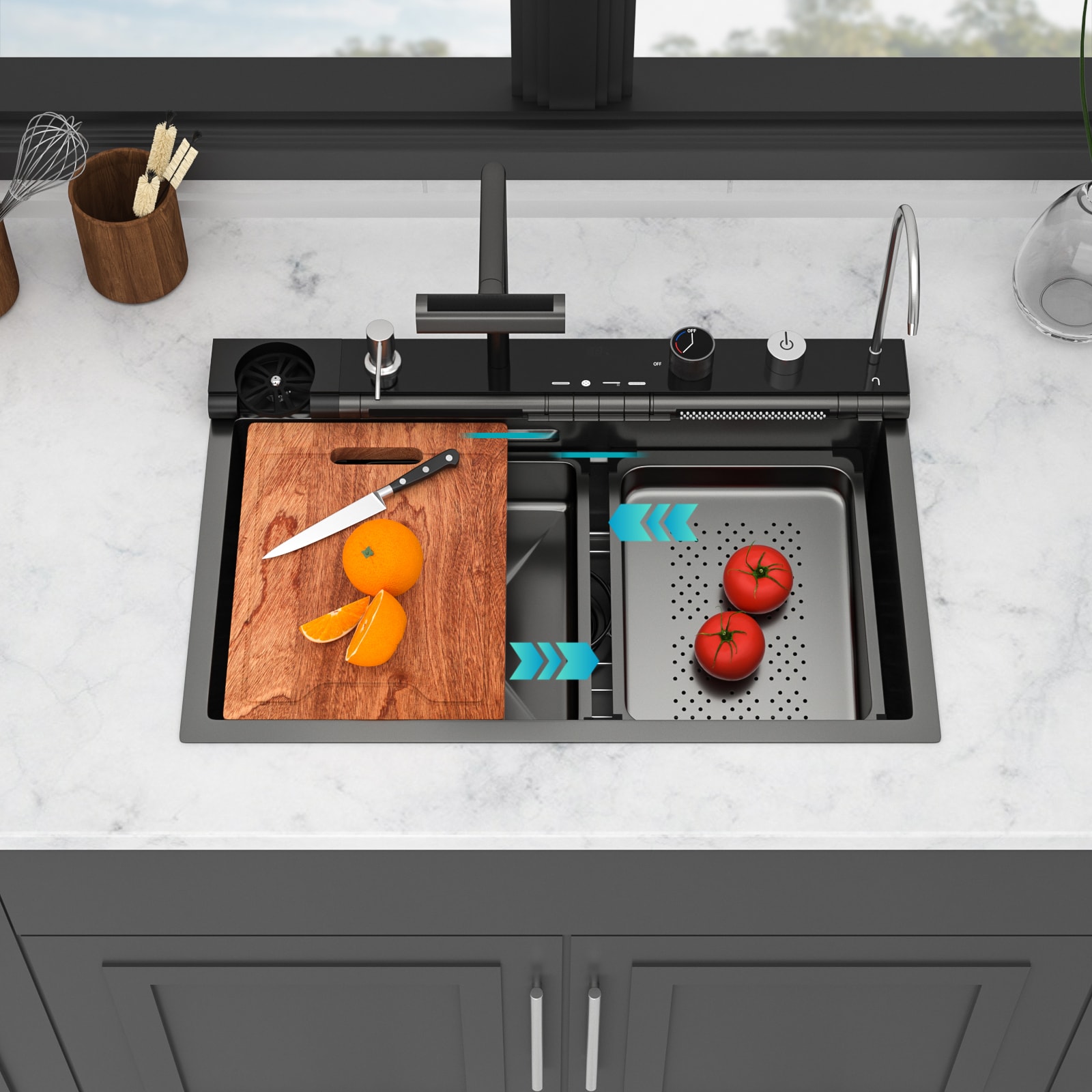 Tatayosi 30 inch Gunmetal Black Kitchen Sink Waterfall Sink 30 x 19 x 9 inch Multifunction Single Bowl 16 Gauge Stainless Steel Ledge Workstation Smart Digital Features Top Mount Kitchen Sinks