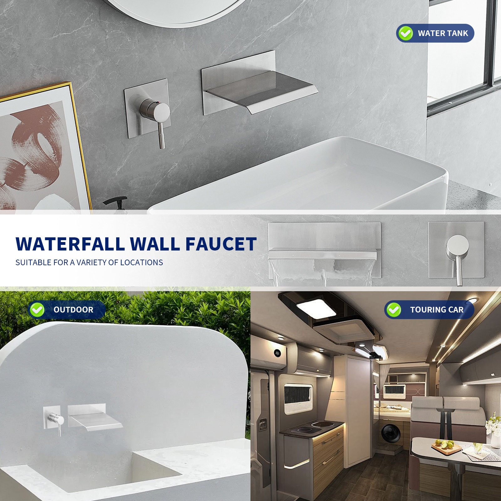 Brushed Nickel Wall Mount Waterfall Bathroom Faucet with Lever Handle