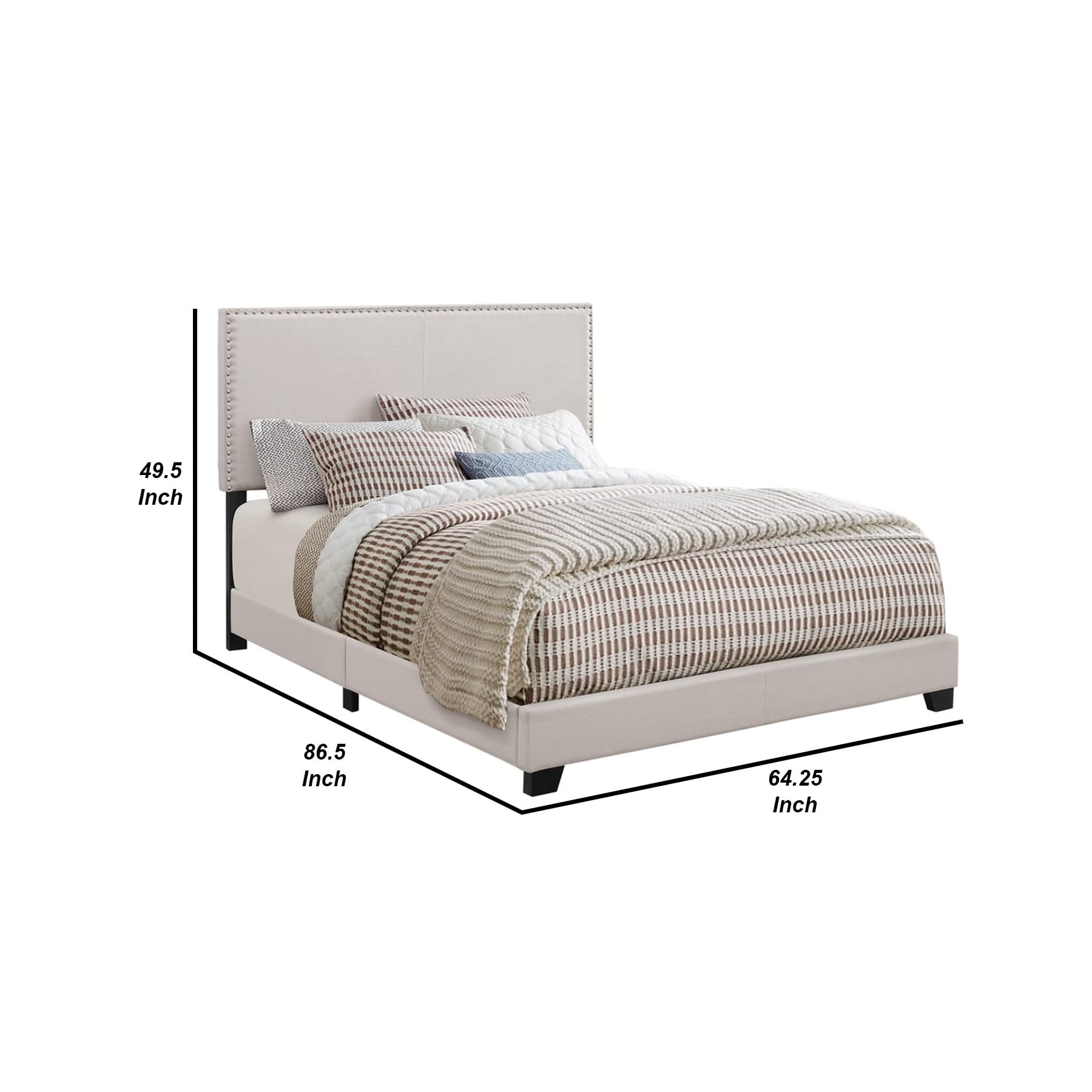Ivory Upholstered Queen Platform Bed with Nailhead Trim and Wood Frame