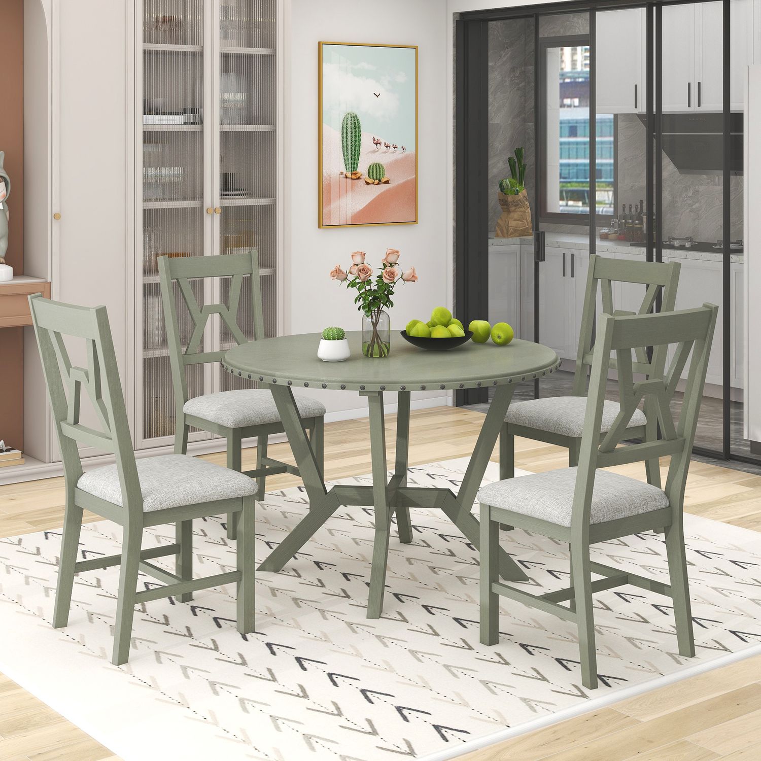 JASMODER SH000231AAF Mid-Century 5-Piece Dining Table Set, Round Table With Cross Legs, 4 Upholstered Chairs For Small Places, Kitchen, Studio, Green