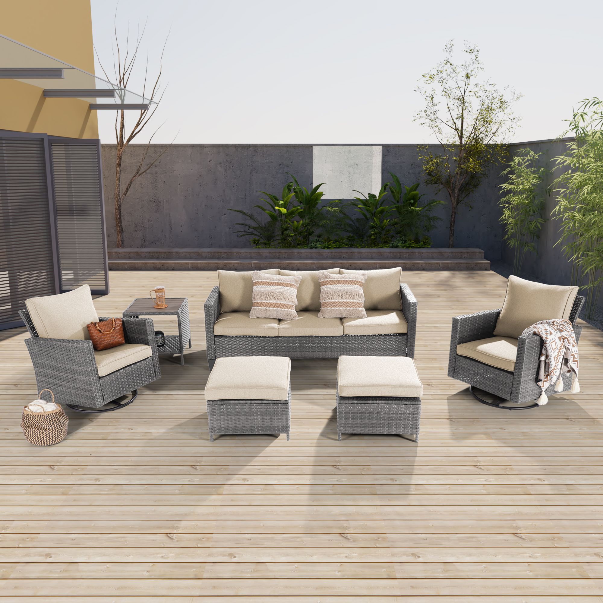Sonkuki SD-C-HBG-S1T3 6 -Piece Wicker Patio Sofa Conversation Set with Tan Cushions