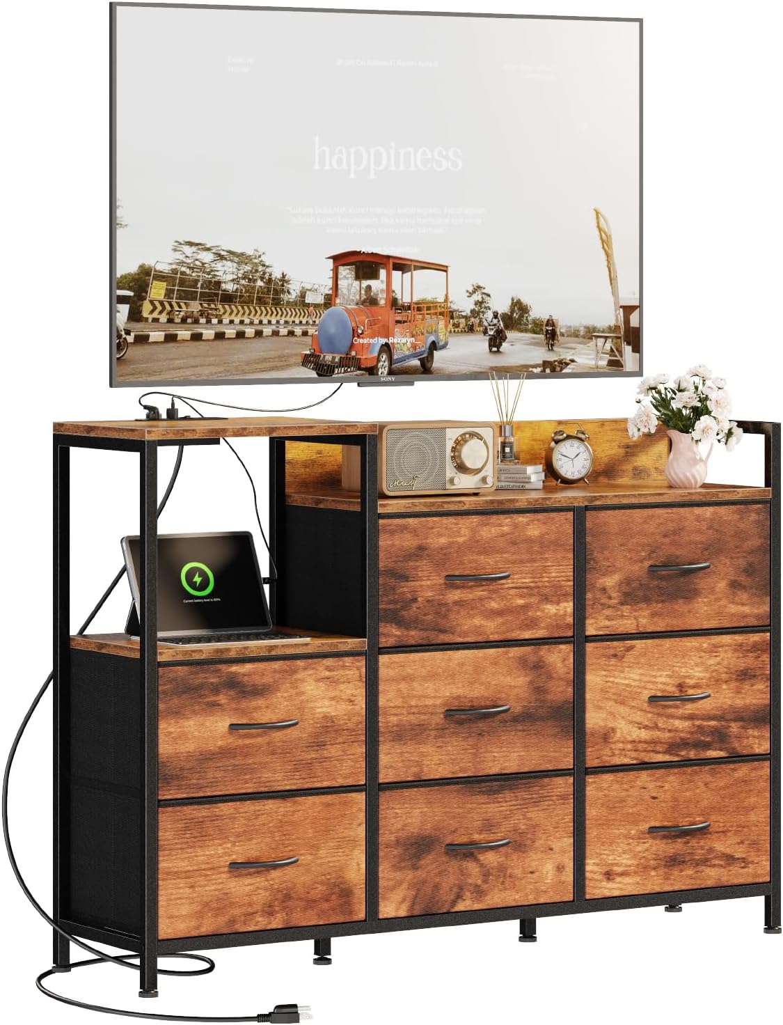 OOU Corner TV Stand with Charging Station Entertainment Center for TVs up to 45 Inches Storage Cabinet with 8 Fabric Drawers and Open Shelf Brown