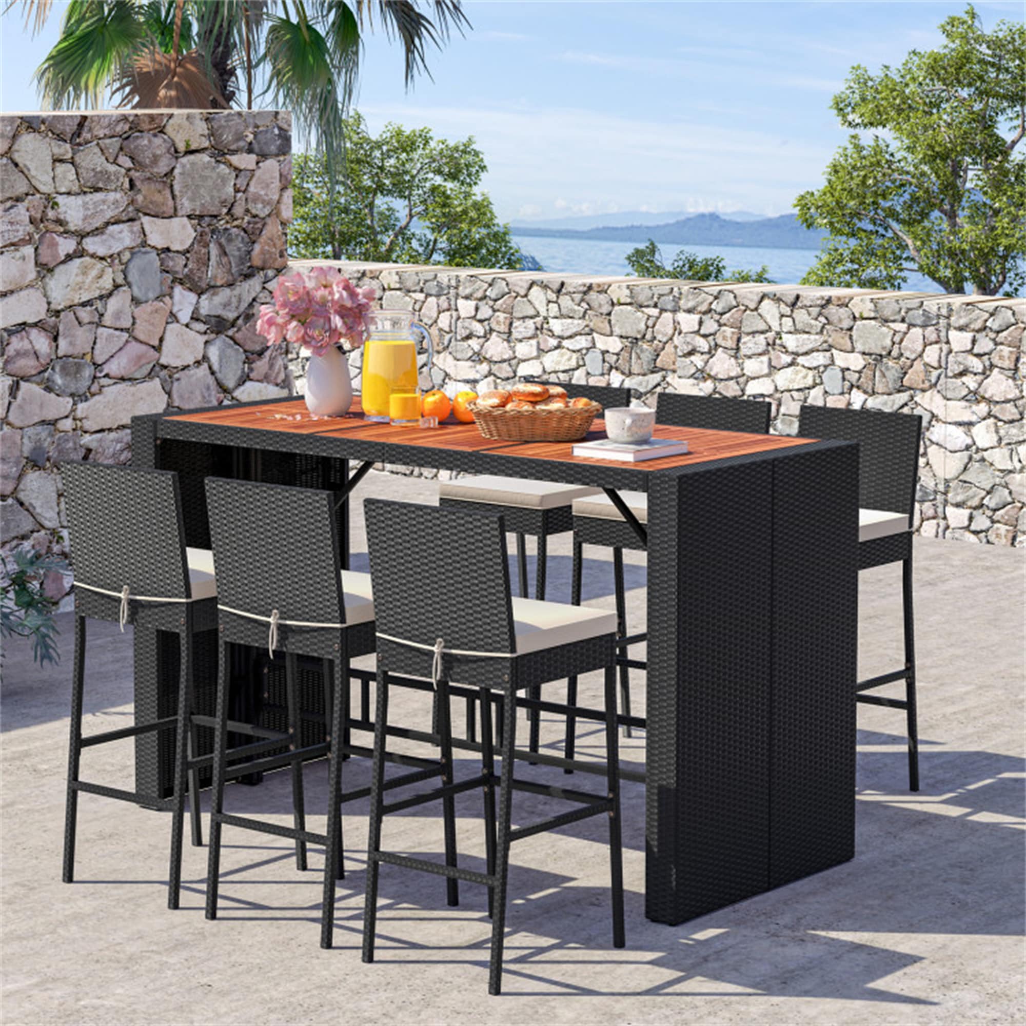 BABOOM BOM-0238ORTPX 7 Piece Patio Rattan Dining Sets 7 -Piece Black Rattan Patio Dining Set Wood Rectangle Table with 6 Off-white Cushions Stationary Chairs
