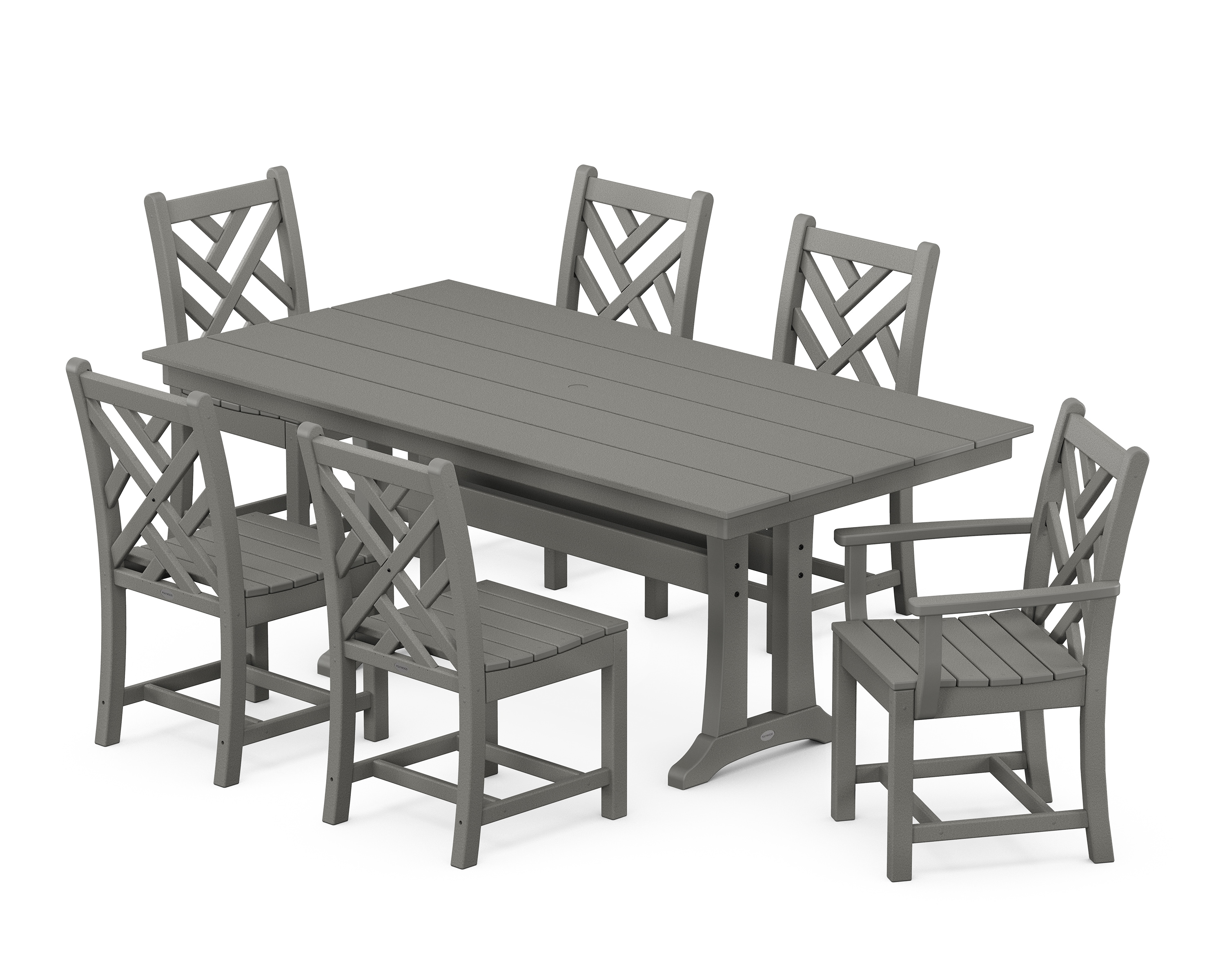 POLYWOOD PWS631-1-GY Chippendale 7 -Piece Slate Grey Patio Dining Set Plastic Rectangle Table with 6 Stationary Chairs