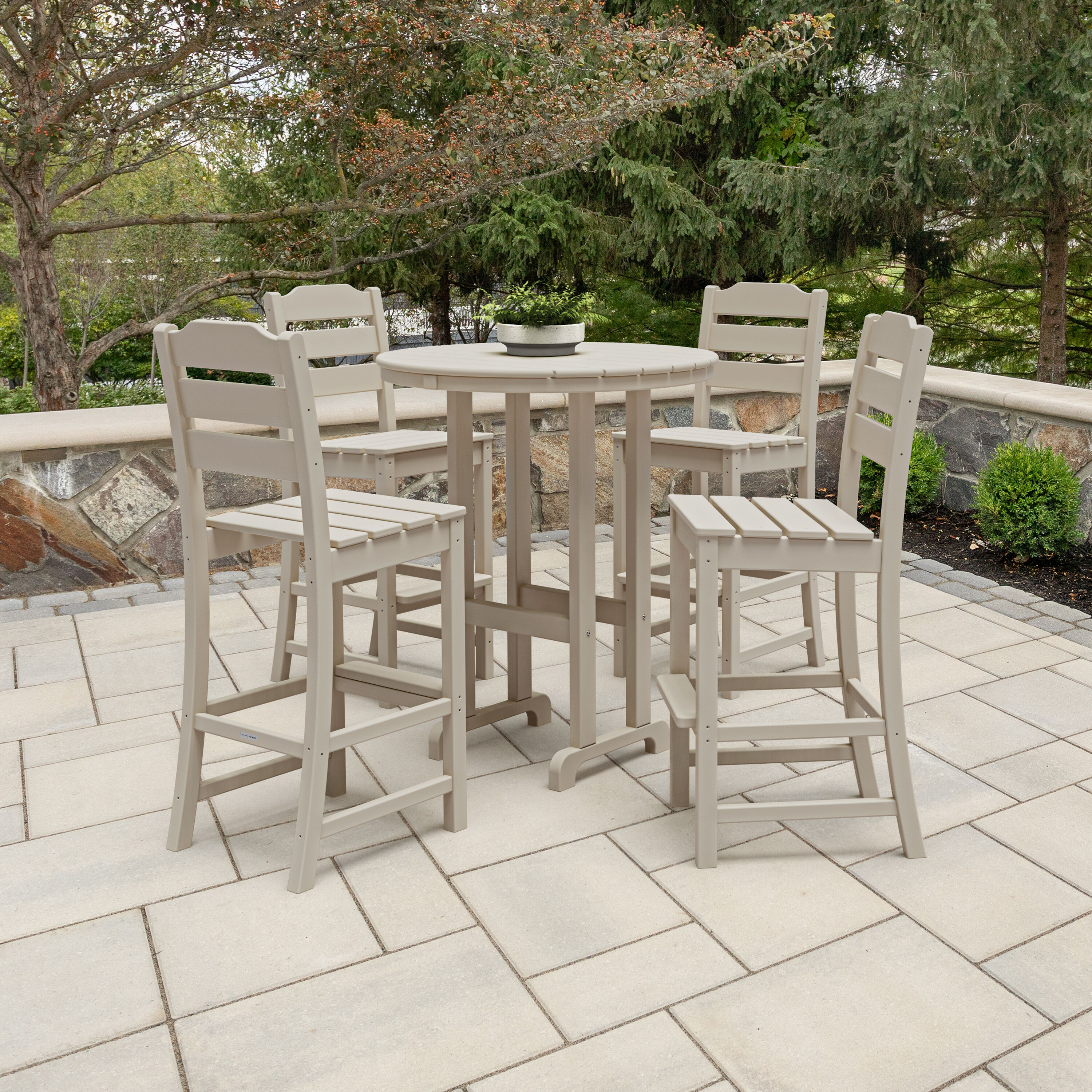 POLYWOOD PWS2544-1-SA Oakport 5 -Piece Sand Bar Height Patio Dining Set Plastic Round Table with 4 Stationary Chairs