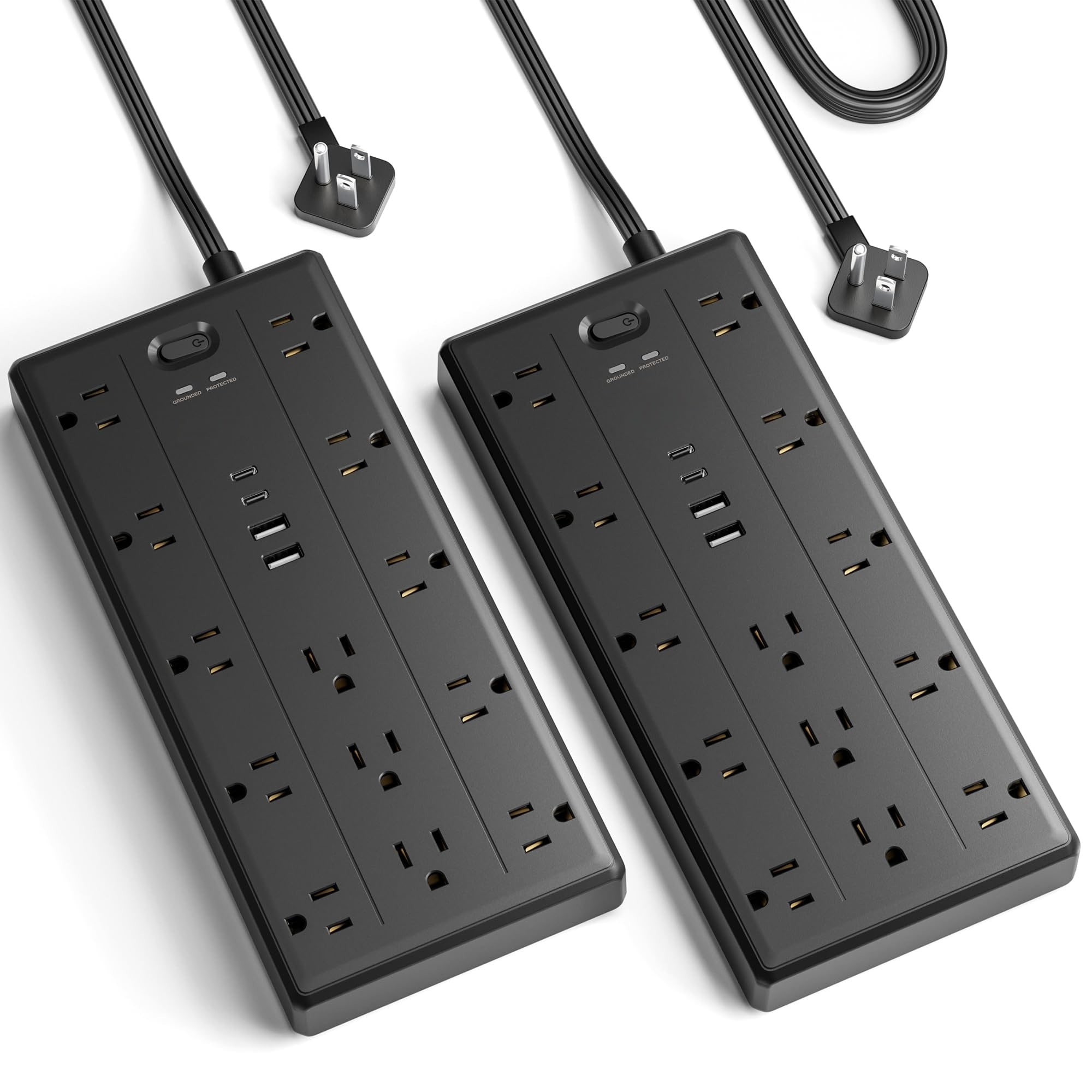 OGETFUUR 2 Pack 6ft Flat Plug Surge Protector Power Strip with 13 Outlet 4 USB for Home Office Desk featuring Durable Construction and Space Saving Flat Plug