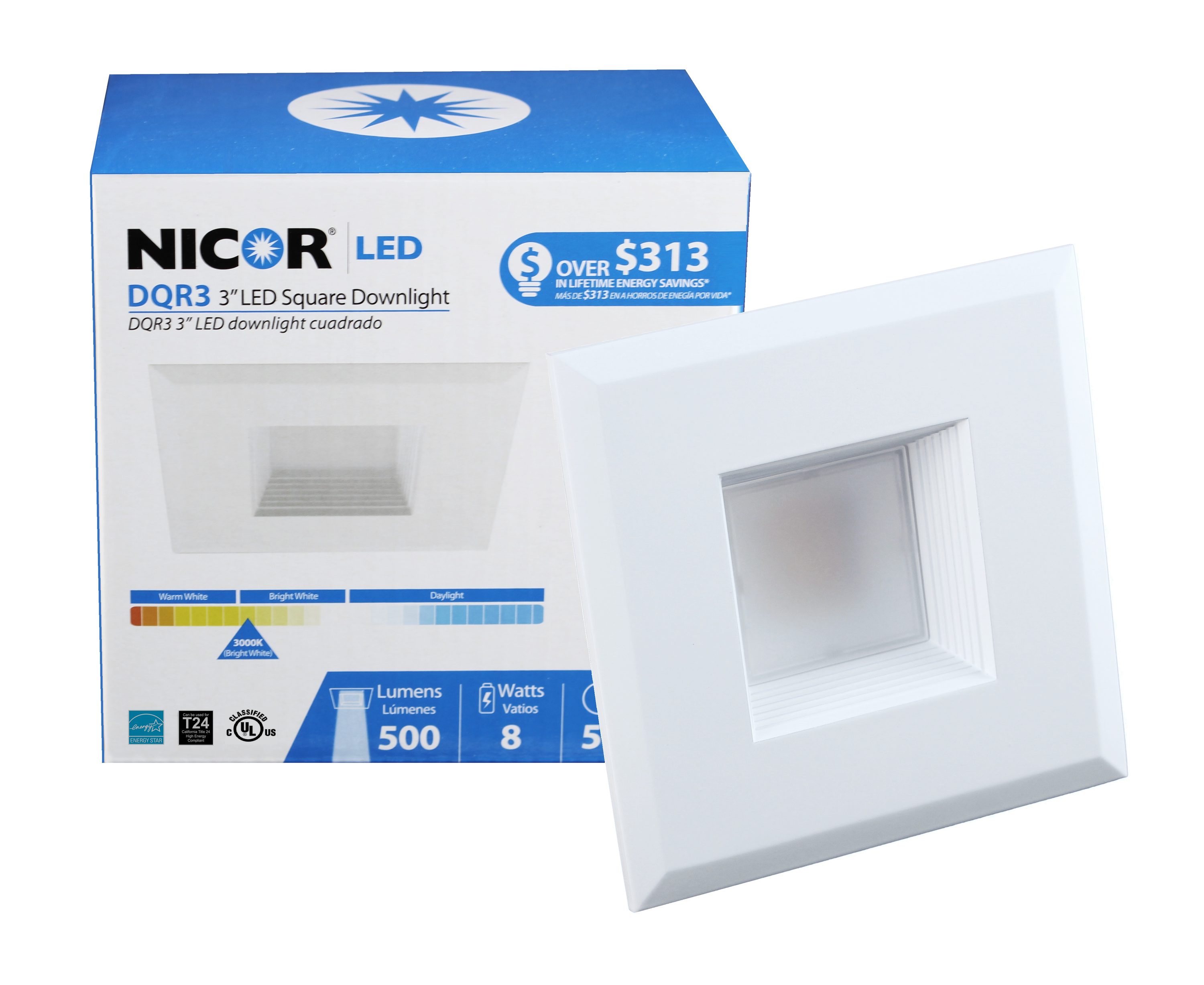 Nicor Lighting DQR3-10-120-3K-WH-BF DQR3 White 3-in 552 -Lumens Soft White Square Dimmable LED Wet rated Recessed Downlight