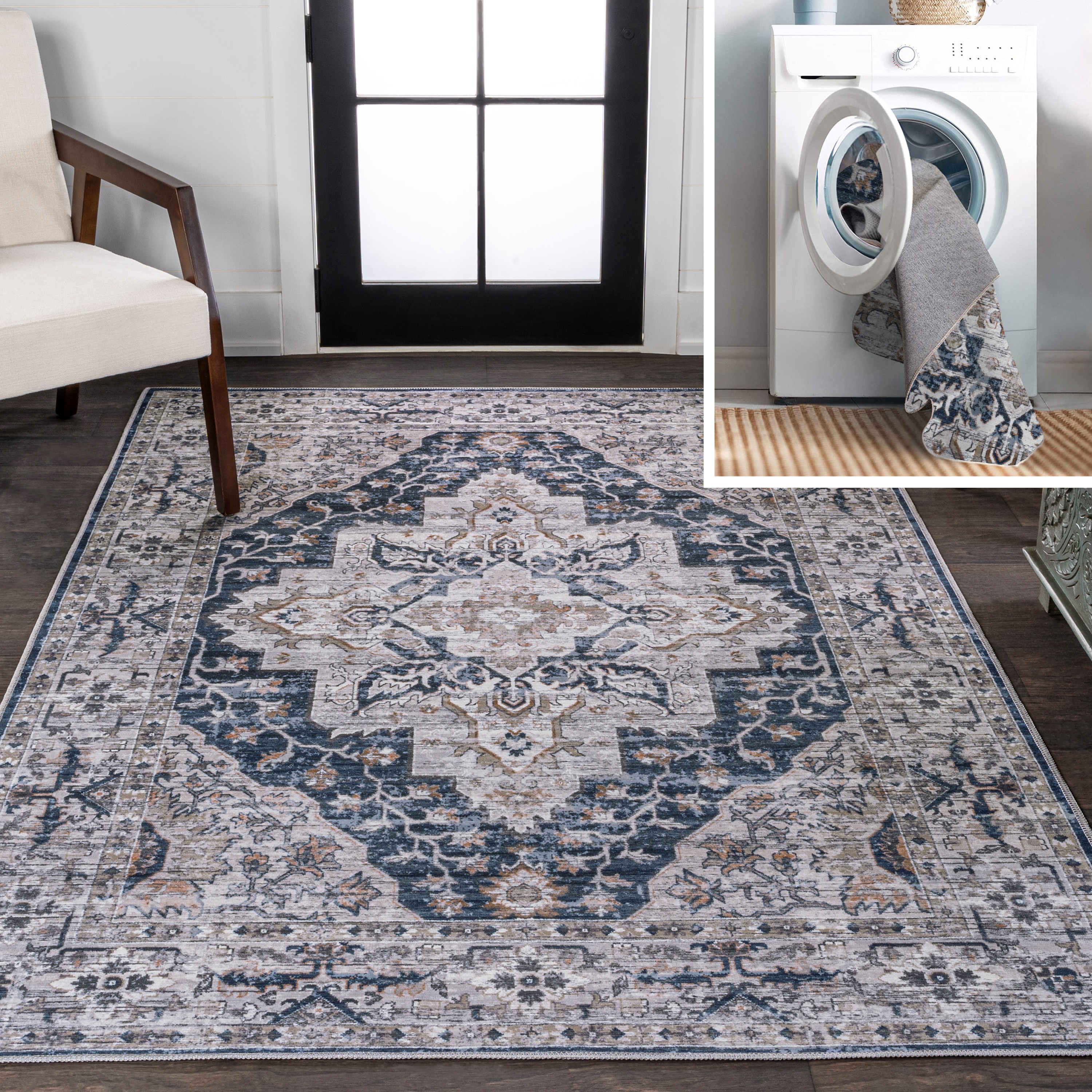 JONATHAN  Y WSH102B-5 WASHABLE Didim Boho Medallion 5 x 8 (ft) Loomed Chenille Navy/Light Gray Rectangular Indoor Border Farmhouse/Cottage Machine washable Area rug