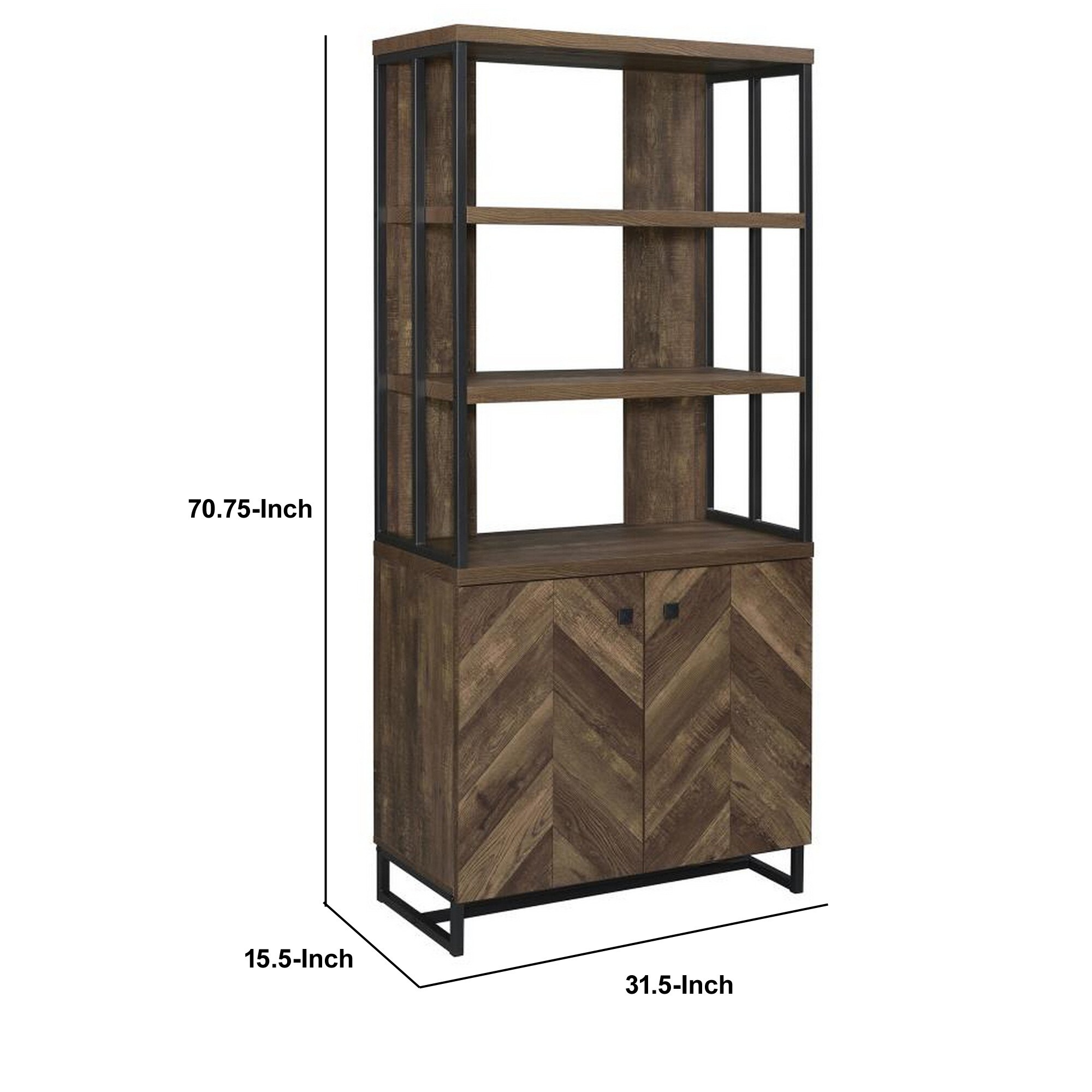 Transitional Herringbone 3-Tier Brown Wooden Bookcase with Doors