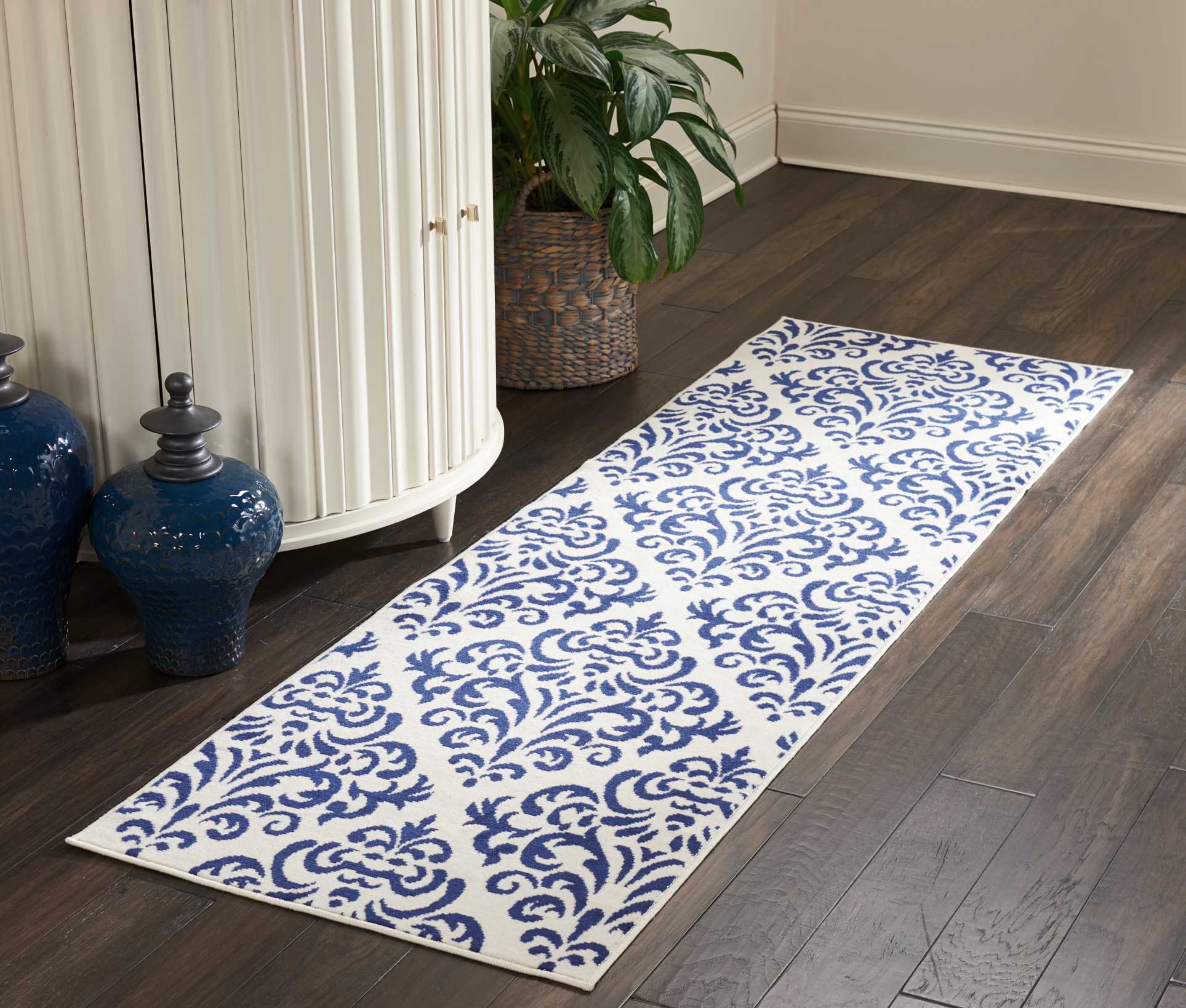 Nourison 99446411662 Grafix 2 x 8 (ft) Loomed Polypropylene White/Blue Irregular Indoor Damask Bohemian/Eclectic Area rug