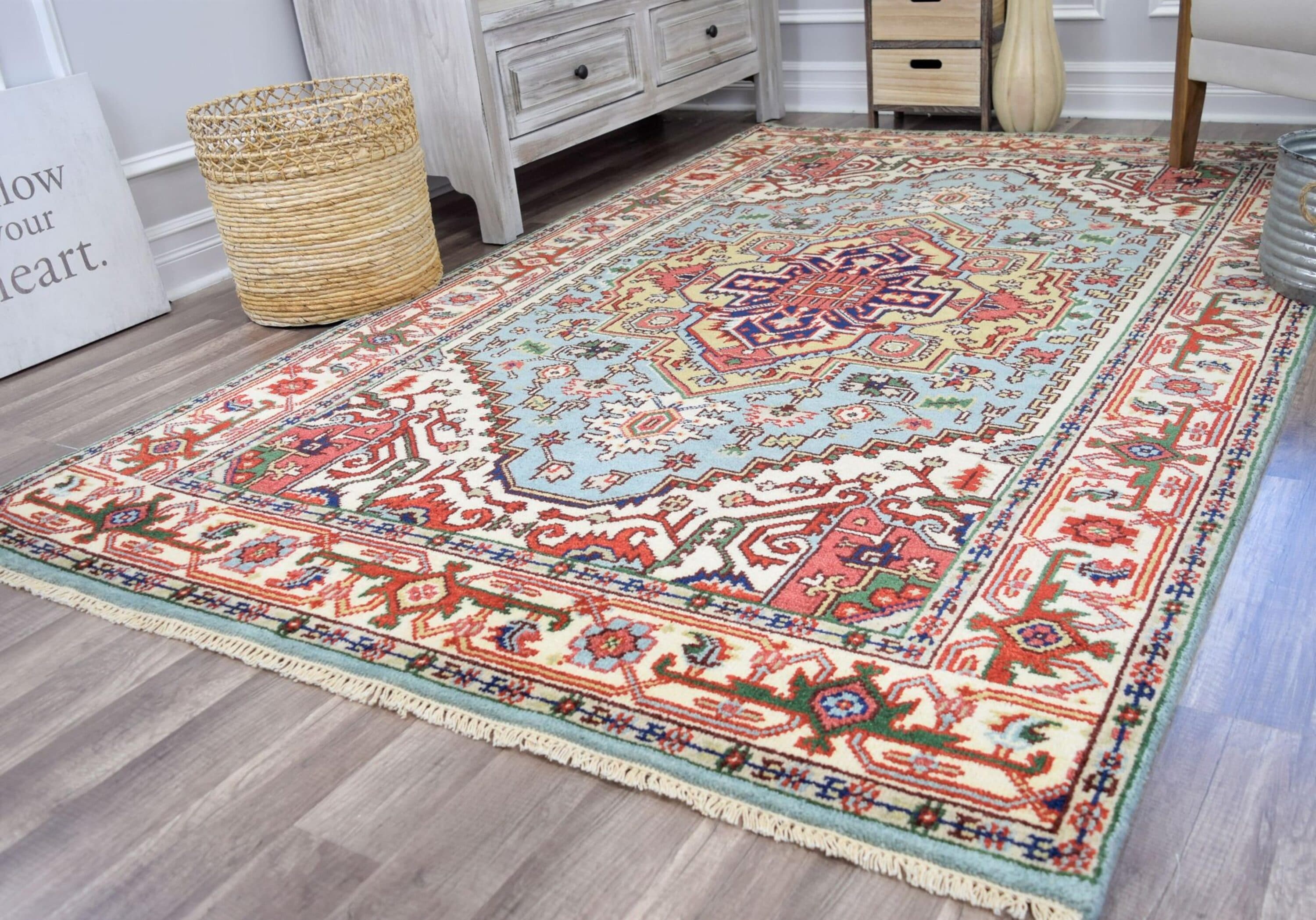Rugs America 27517 ROYAL HERIZ 4 x 6 (ft) Knotted Wool Sky Blue Rectangular Indoor Medallion Bohemian/Eclectic Area rug