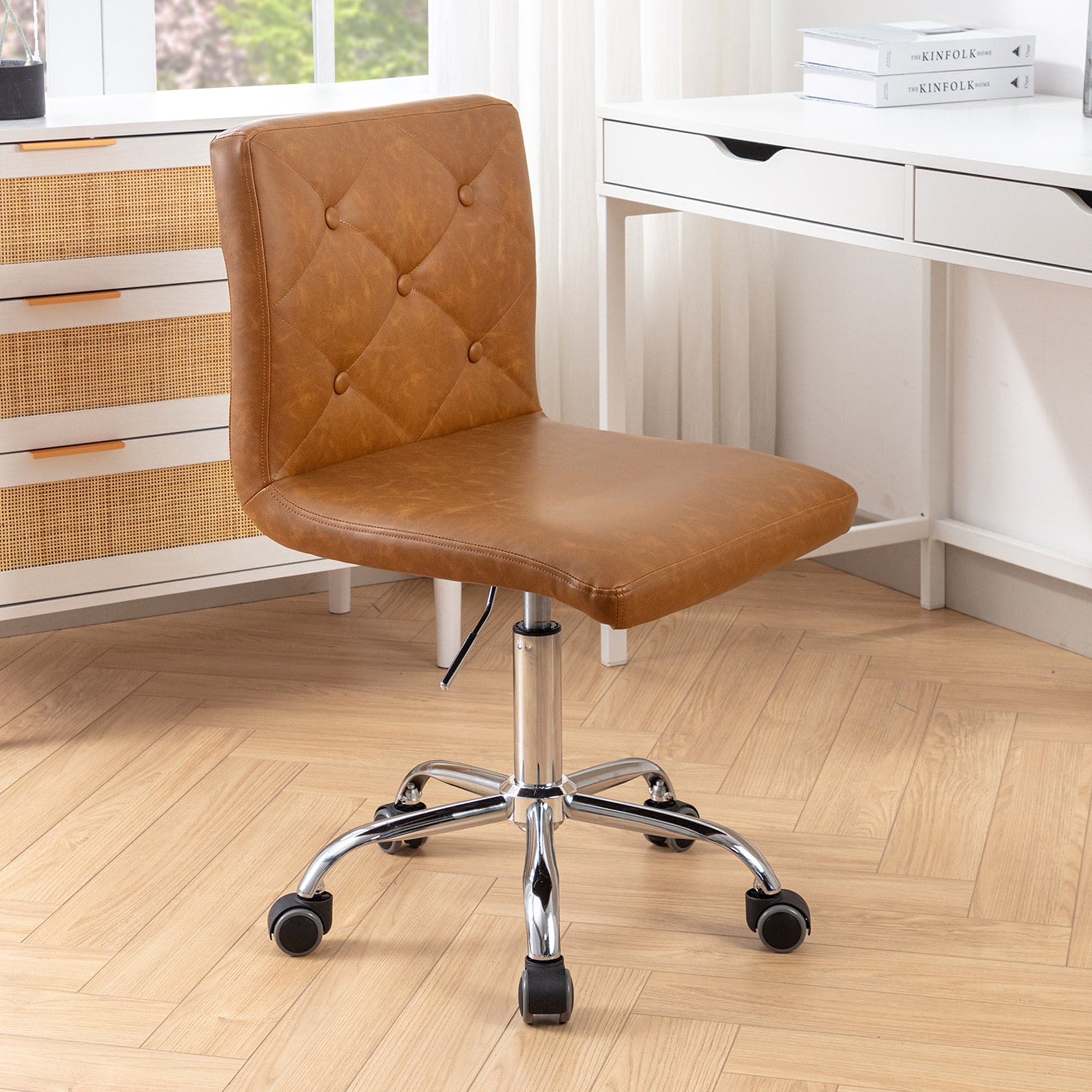 Vecelo LOE-OC05-BRN Armless Office Desk Chair Modern Tufted Task Chair Faux Leather Upholstered Computer Chair with Adjustable Seat Height