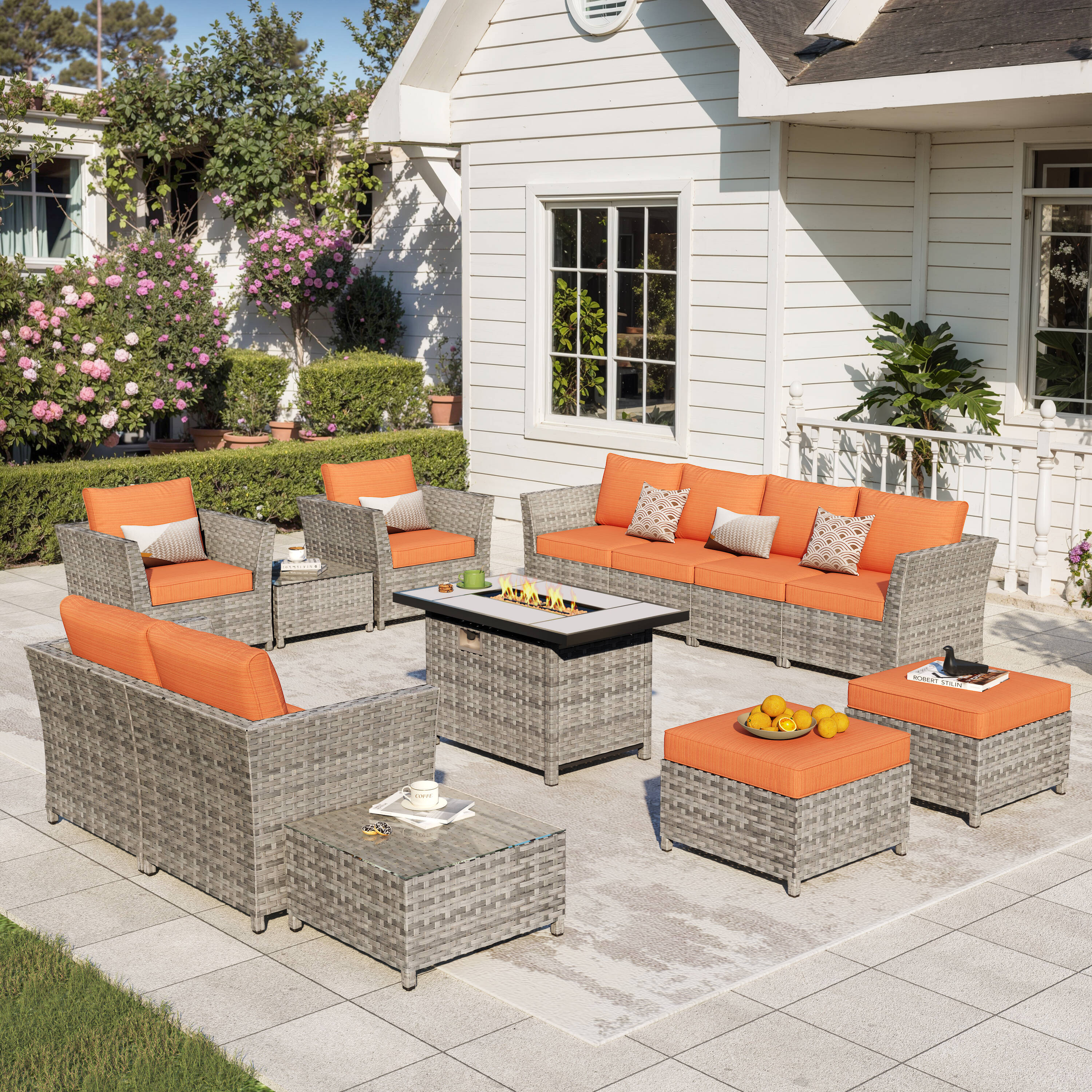 Pouuin SRFPRSA810 Wicker Outdoor Sectional with Orange Cushions and Wicker Frame