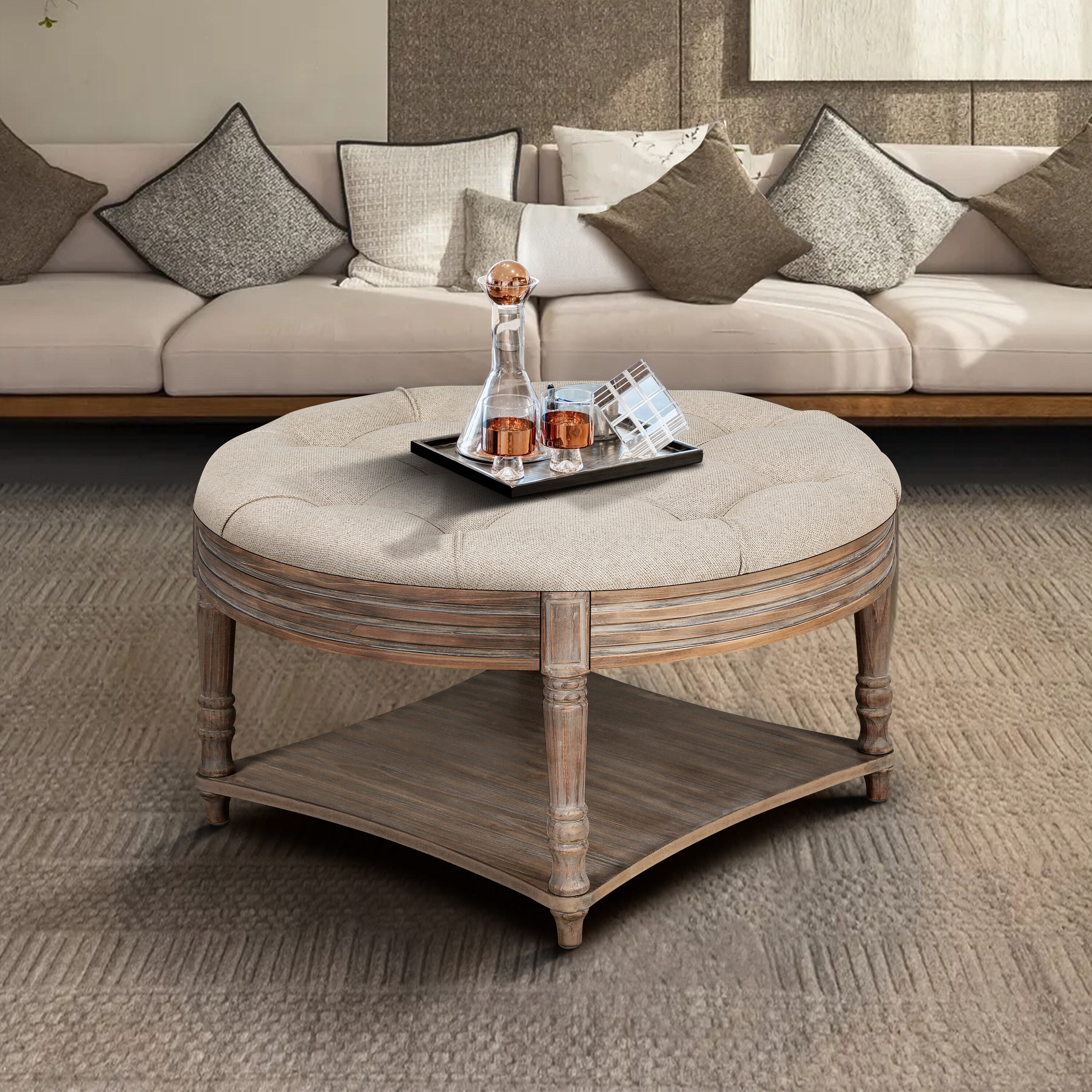 GDFStudio Large Round Waterproof Ottoman Coffee Table 2 Tier Oversized ...