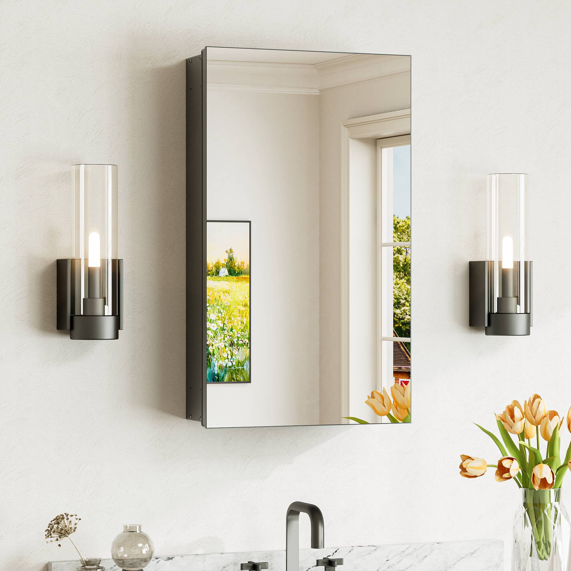 Keonjinn LW-JG-FXFJP-3561-BK Medicine Cabinet Mirror 14-in x 24-in Surface/Recessed Mount Black Mirrored Rectangle Soft Close Medicine Cabinet