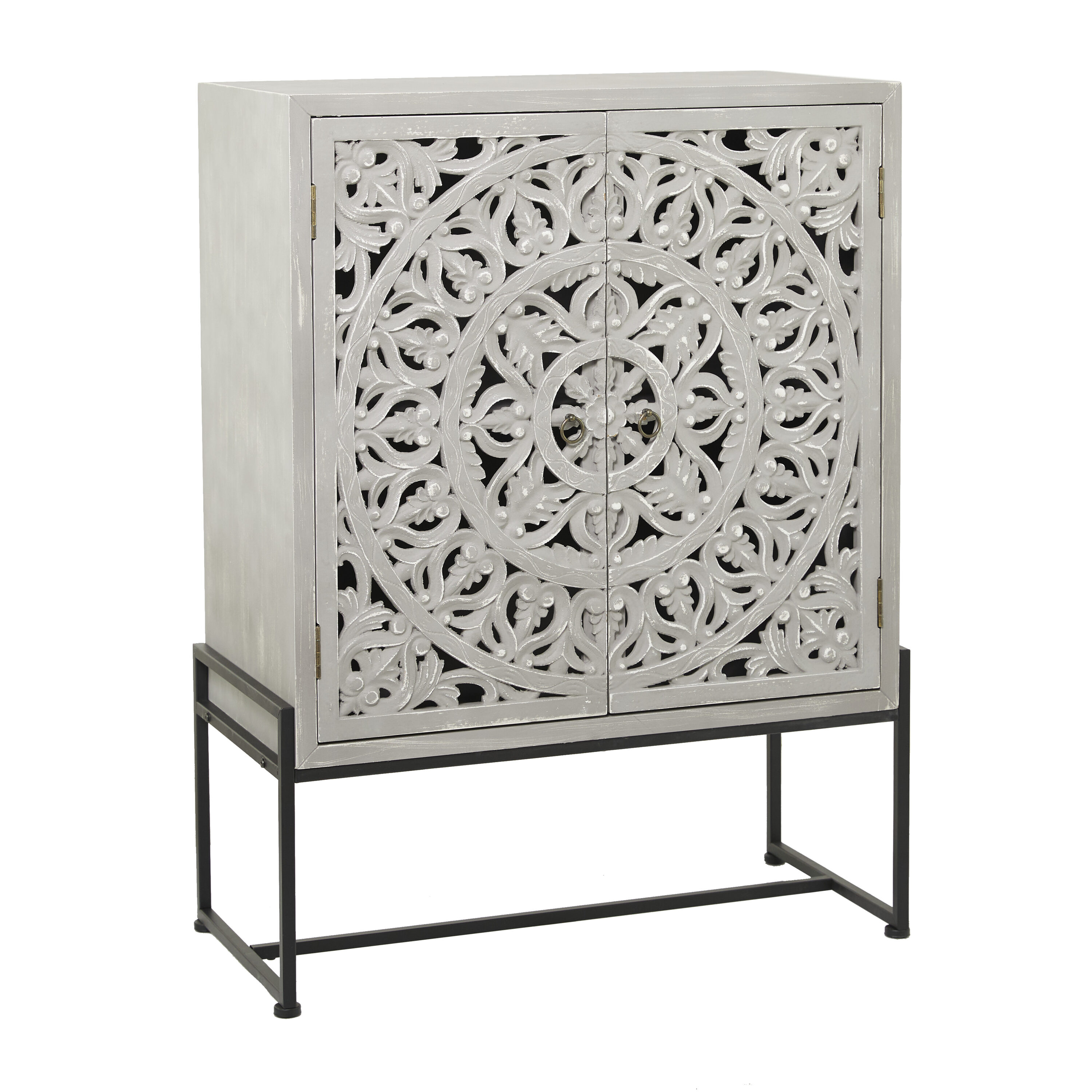 Gray Intricately Carved 1 Shelf and 2 Doors Pine Accent Chest | - Grayson Lane 98899