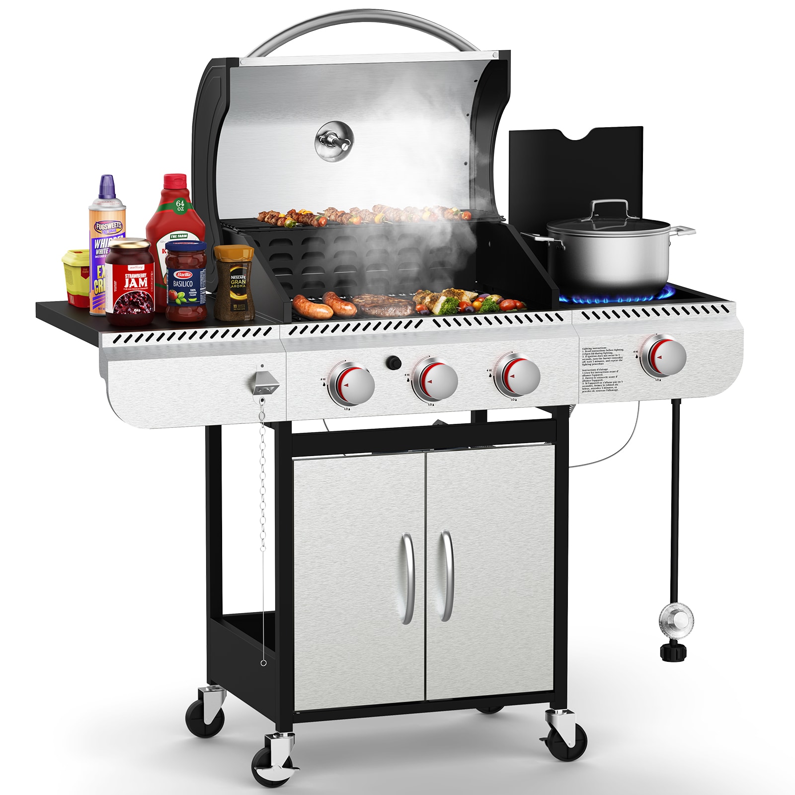 COWSAR LSG01GG41B Silver Stainless Steel 3 -Burner Liquid Propane Gas Grill 1 -Side Burner