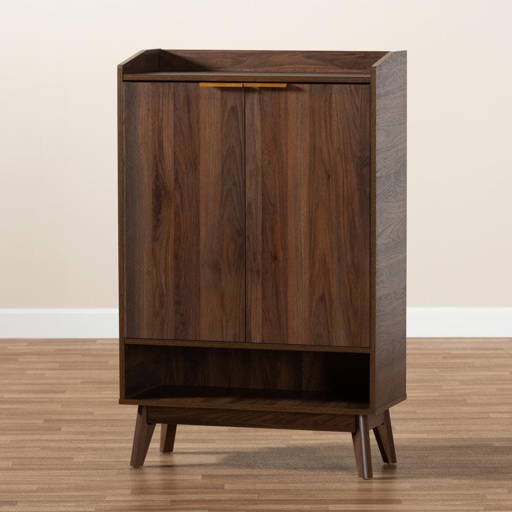 Baxton Studio 45.1 in H 5 Tier 20 Pair Walnut Wood Shoe Cabinet in