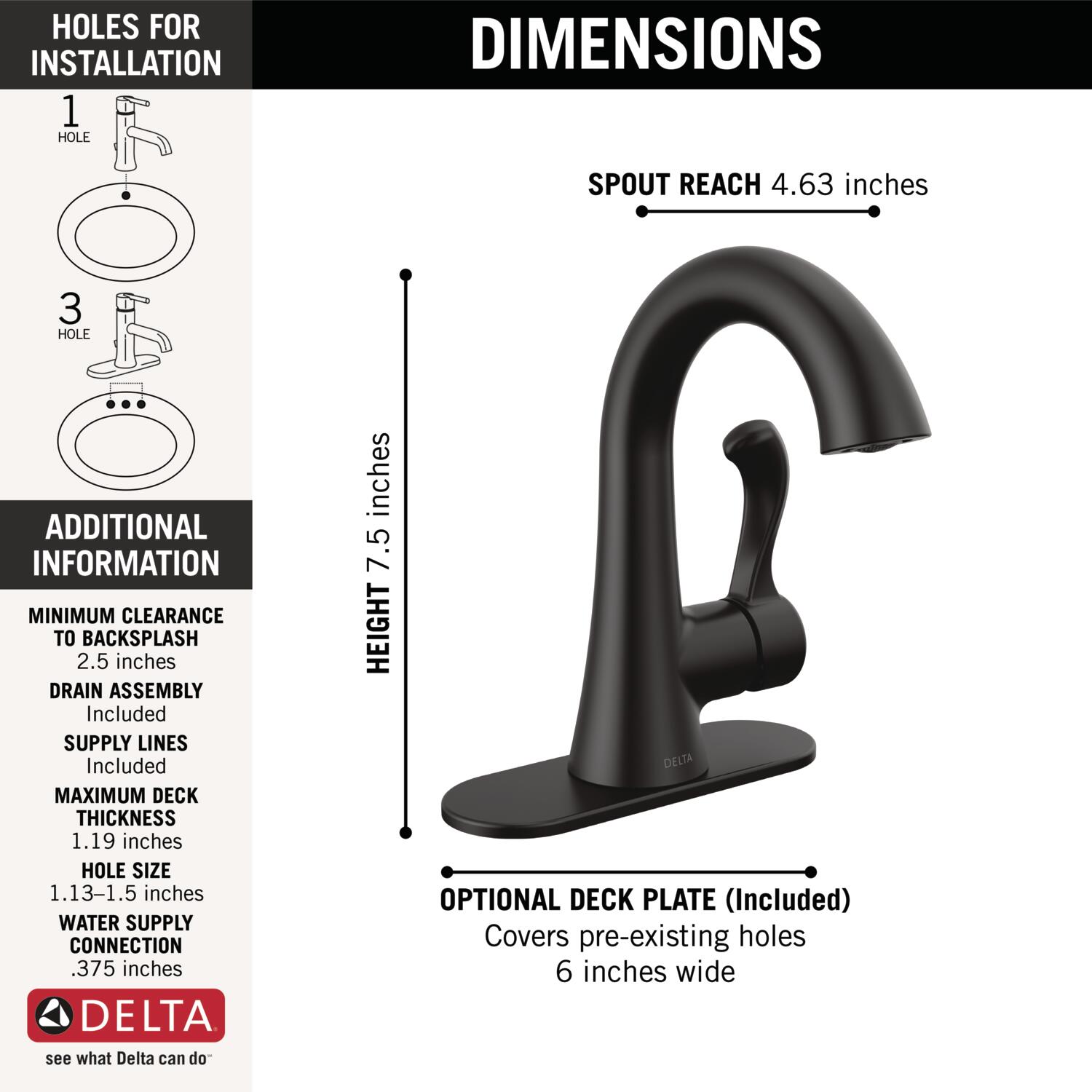 Delta Esato Matte Black 1-handle Single Hole WaterSense Mid-arc Bathroom Sink Faucet with Drain with Deck Plate