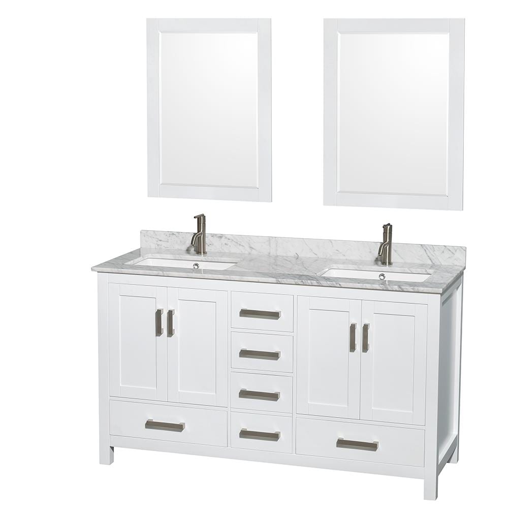 Wyndham Collection WCS141460DWHCMUNSM24 Sheffield 60-in White with Brushed Chrome Trim Undermount Double Sink Bathroom Vanity with White Carrara Marble Natural Marble Top (Mirror Included)