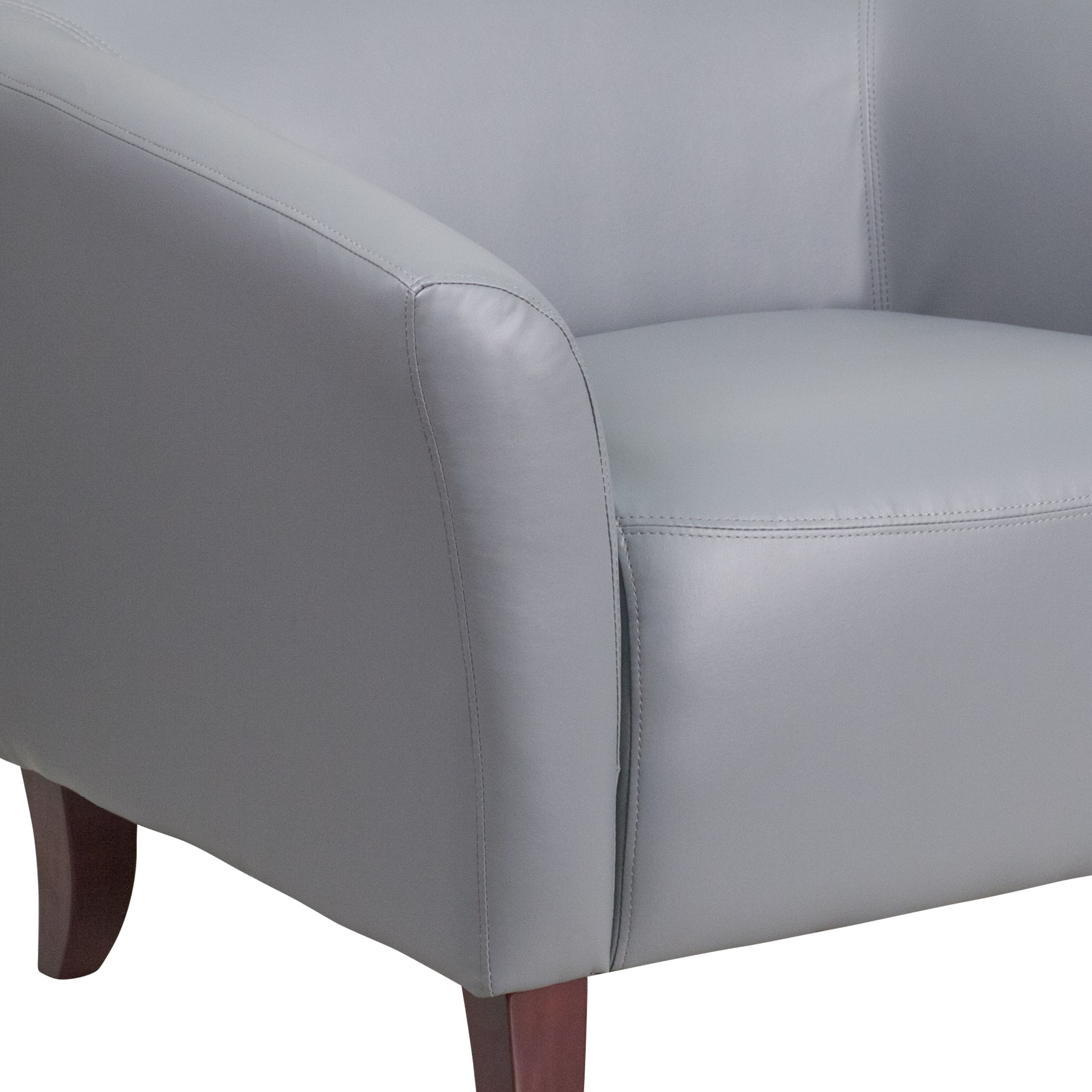 Modern Gray Faux Leather Loveseat with Cherry Wood Feet