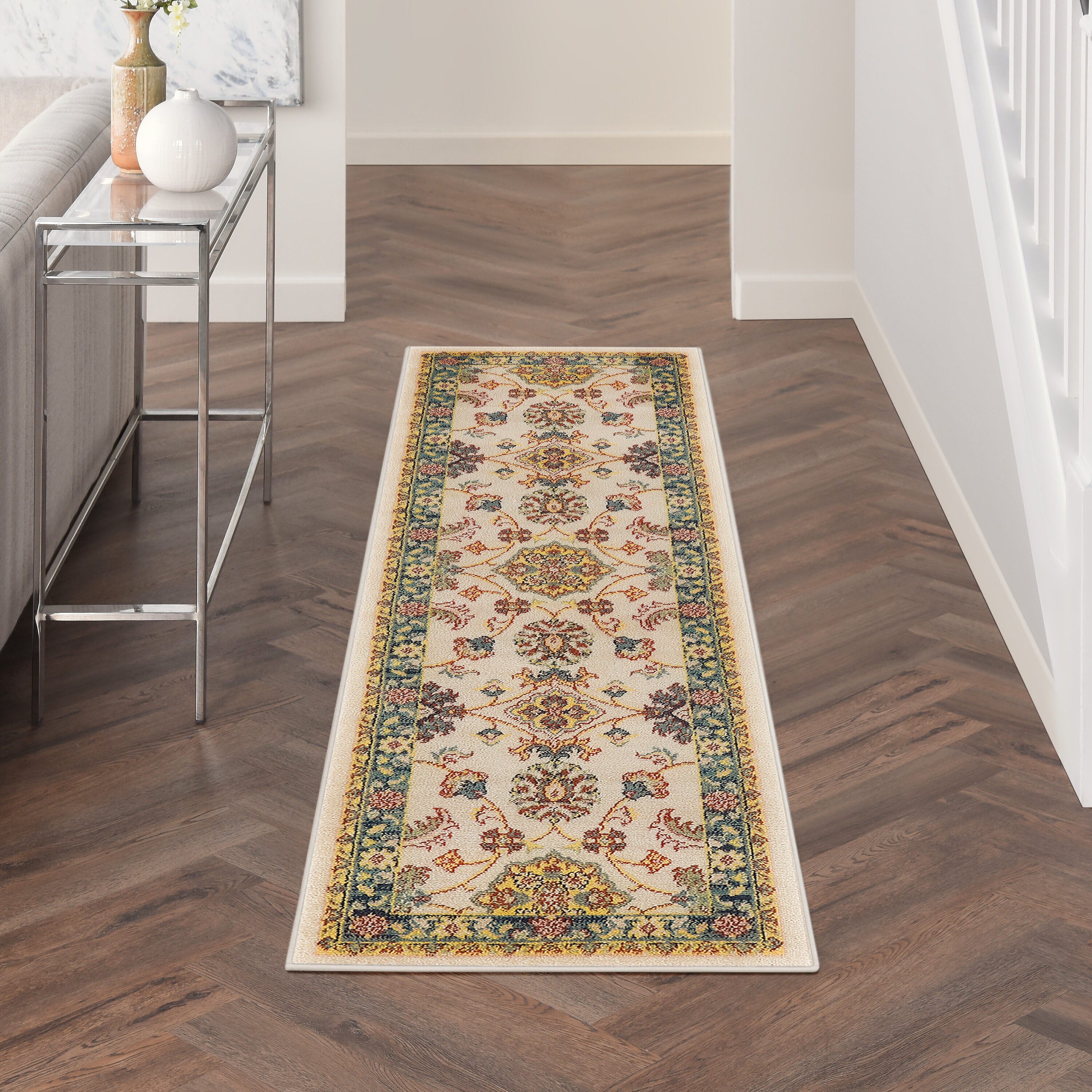 Ivory Gold Floral Persian Synthetic Runner Rug 2'2" x 7'6"