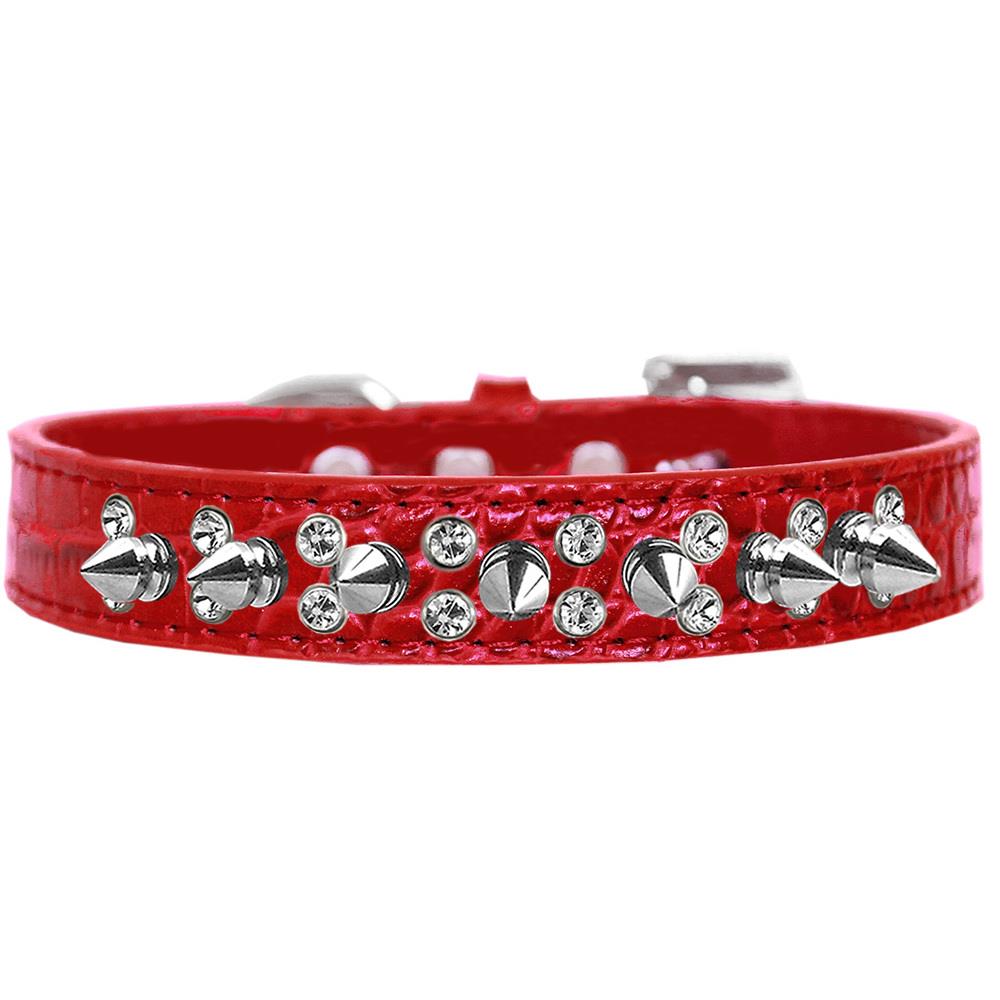 Mirage Pet Products MRPP157265 Mirage Pet 720-18 RDC18 Double Crystal and Spike Croc Dog Collar, Red- Size 18
