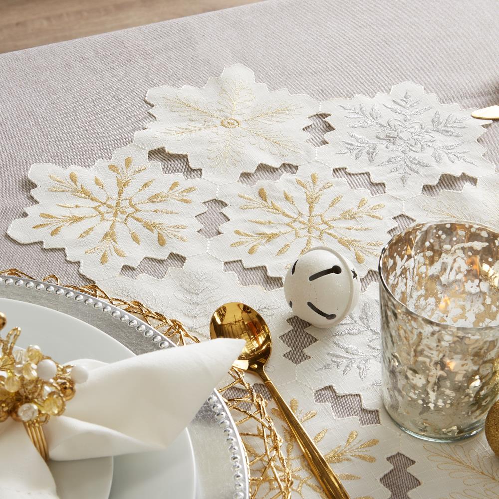 Silver and Gold Embroidered Snowflakes Polyester Table Runner