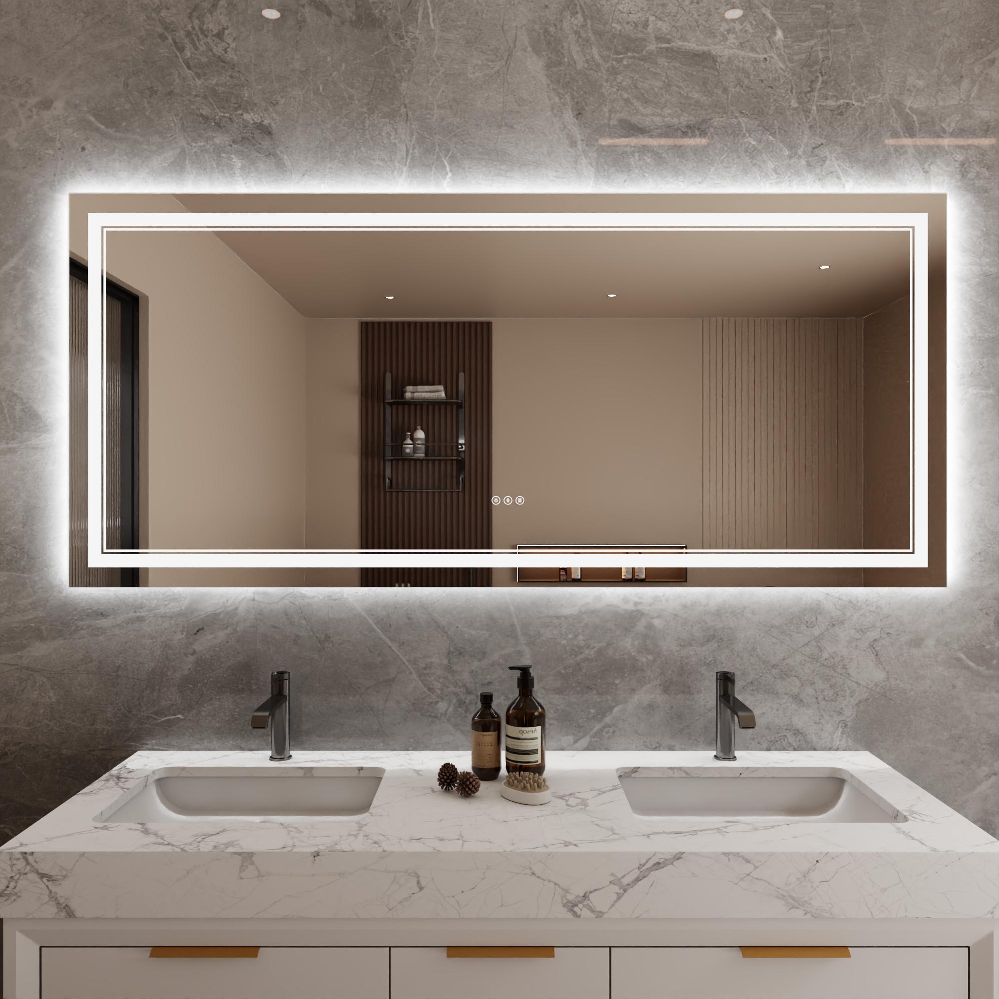 Bayfeve BFXB-9S3272-MIR Modern Multifunction LED Bathroom Mirror 71.81-in x 31.89-in Polished Frameless Rectangle Dimmable LED Lighted Fog Free Bathroom Vanity Mirror ( Silver )