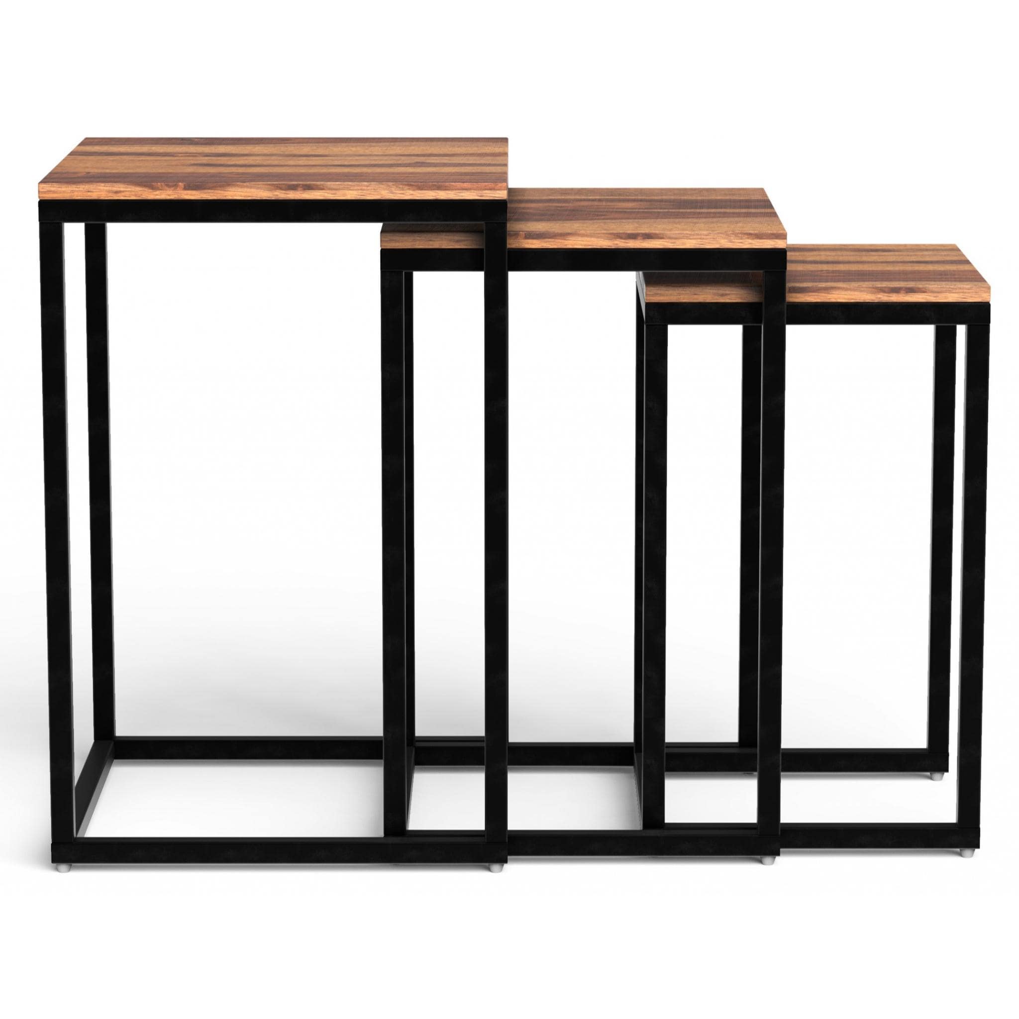 Slickblue - Set of 3 Brown Nesting End Tables with Iron Frame and Wooden Tabletop for Living Room...