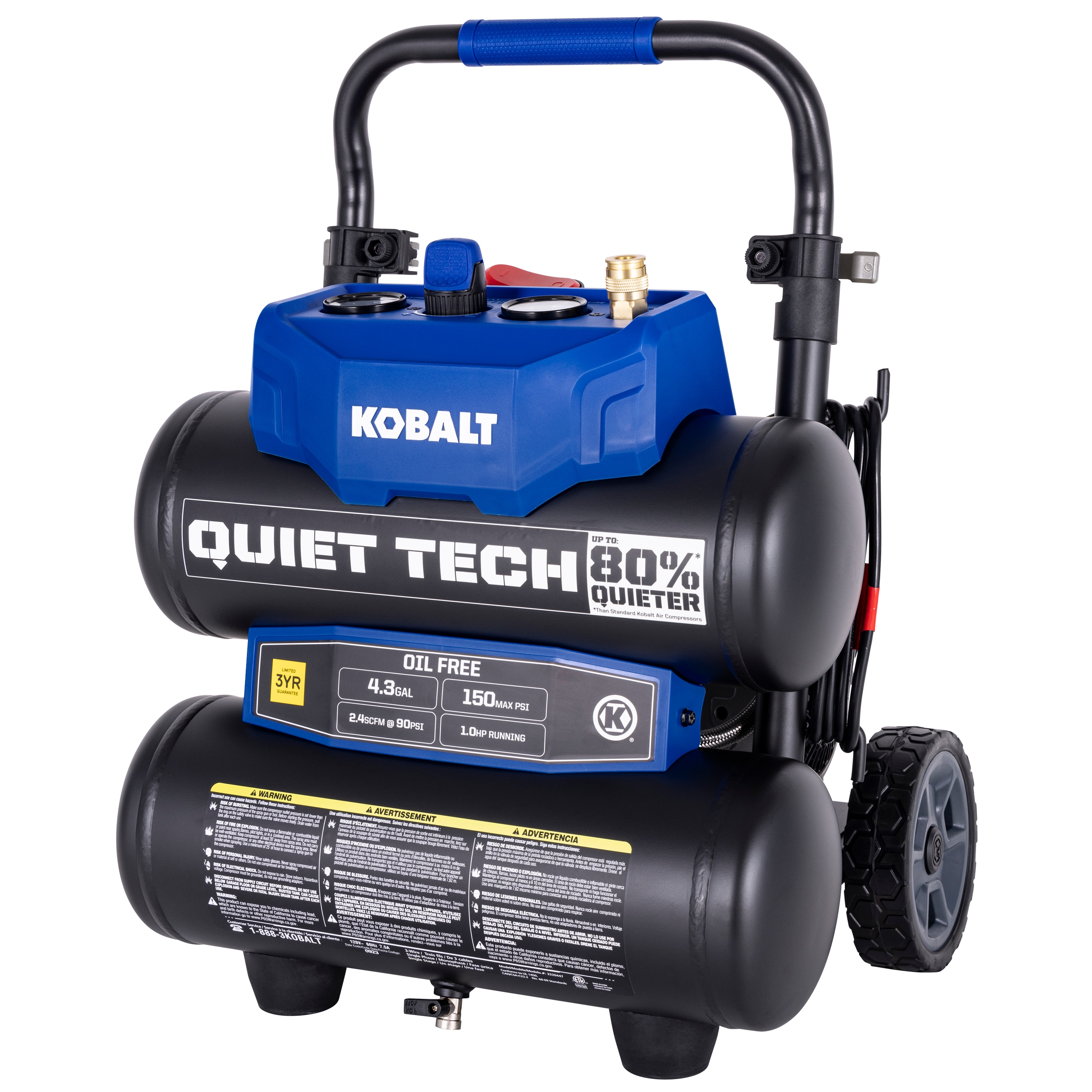 Kobalt QUIET TECH 4.3-Gallon Portable Electric 150 PSI Twin Stack Quiet Air  Compressor