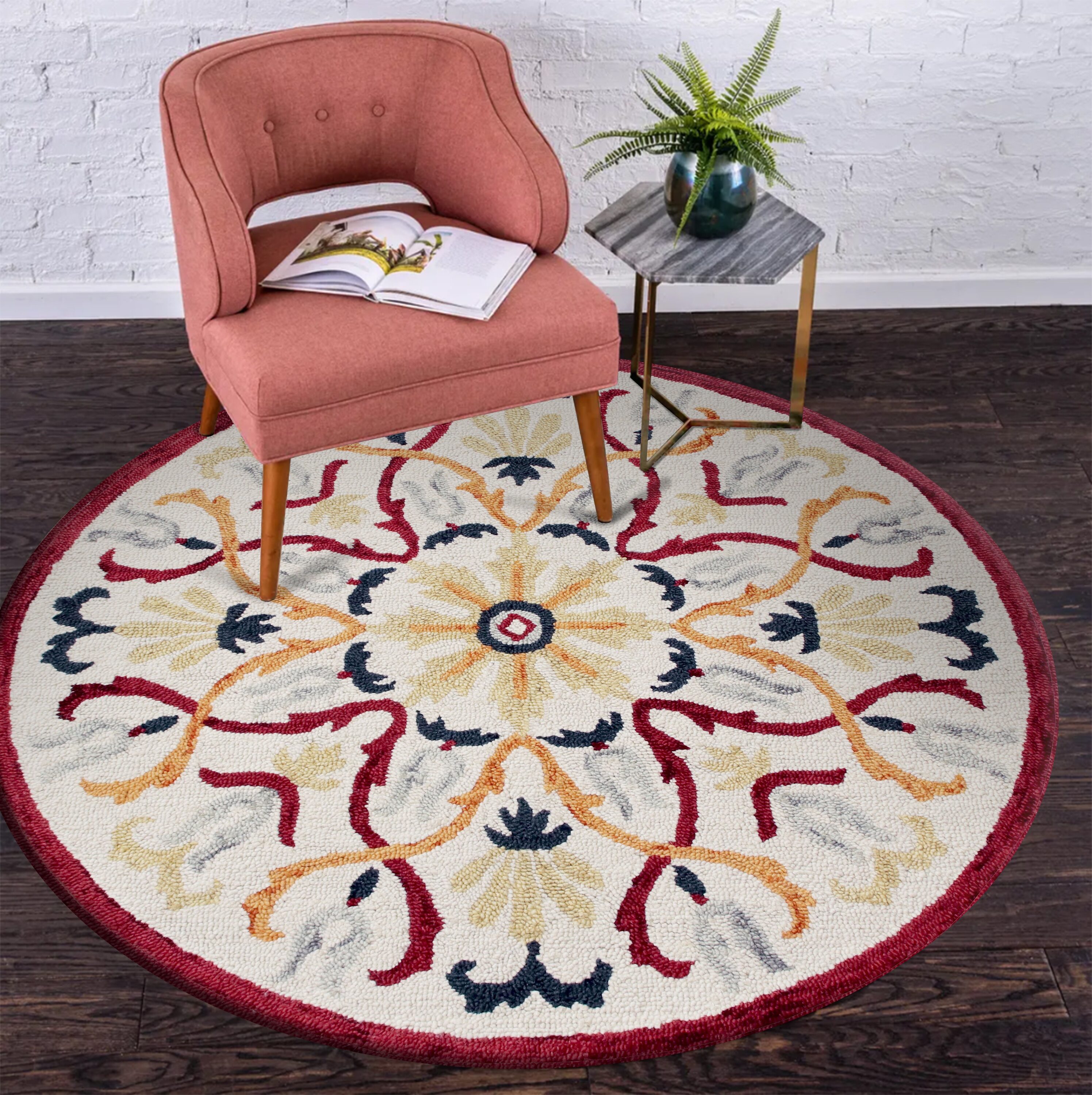 Handmade Red and Yellow Floral Wool Round Rug, 4 ft.