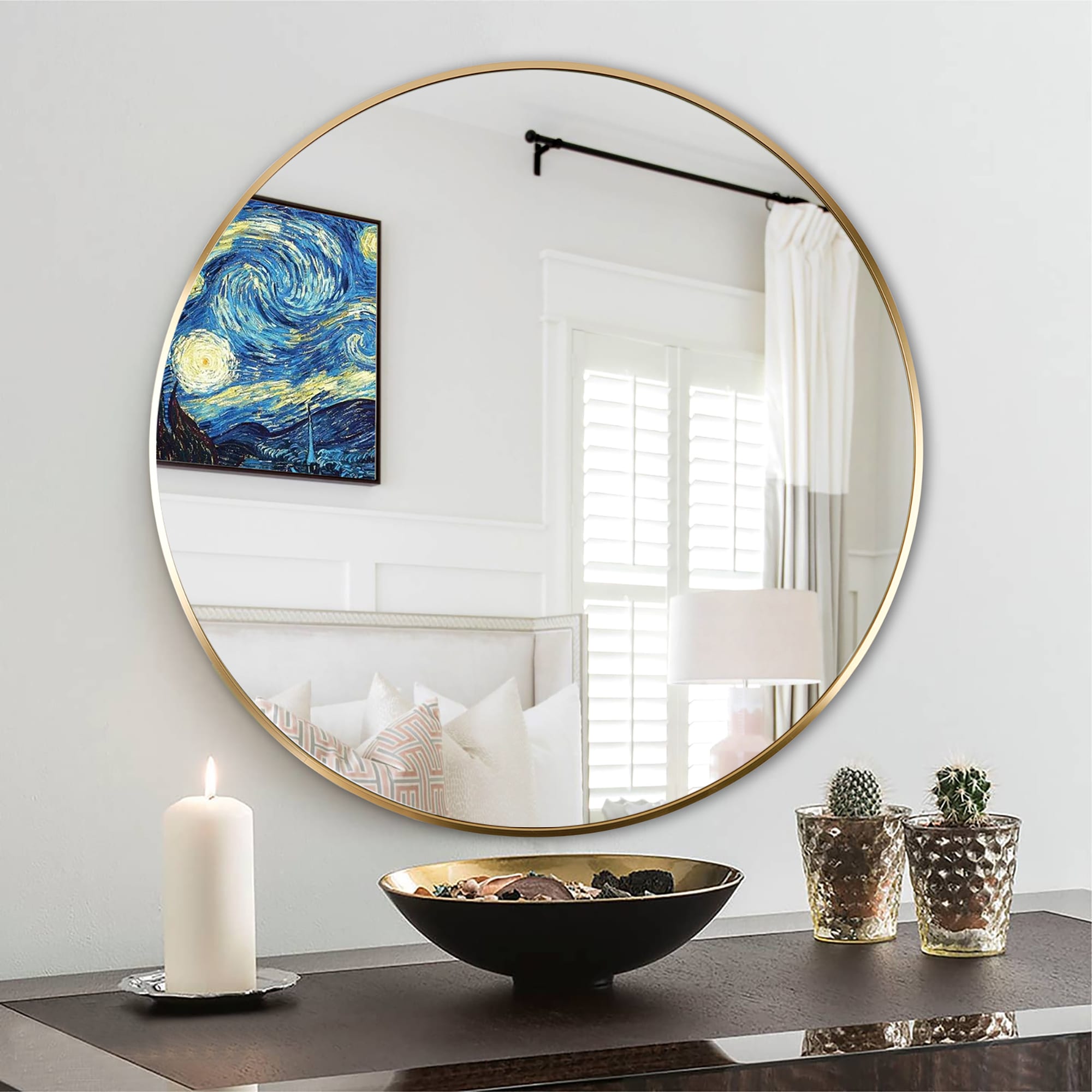 WELLFOR ALMR-24 24-Inches x 24-Inches Framed Round Bathroom Vanity Mirror ( Gold )