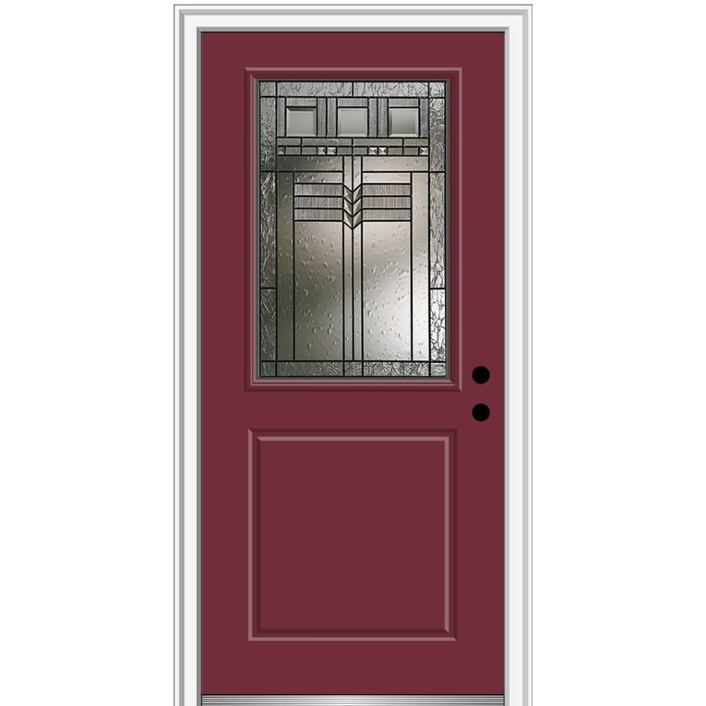 MMI DOOR ZZ3664384L 36-in x 80-in x 6-9/16-in Fiberglass Half lite Left-hand inswing Burgundy Painted Prehung Front Door with Brickmould Insulating core