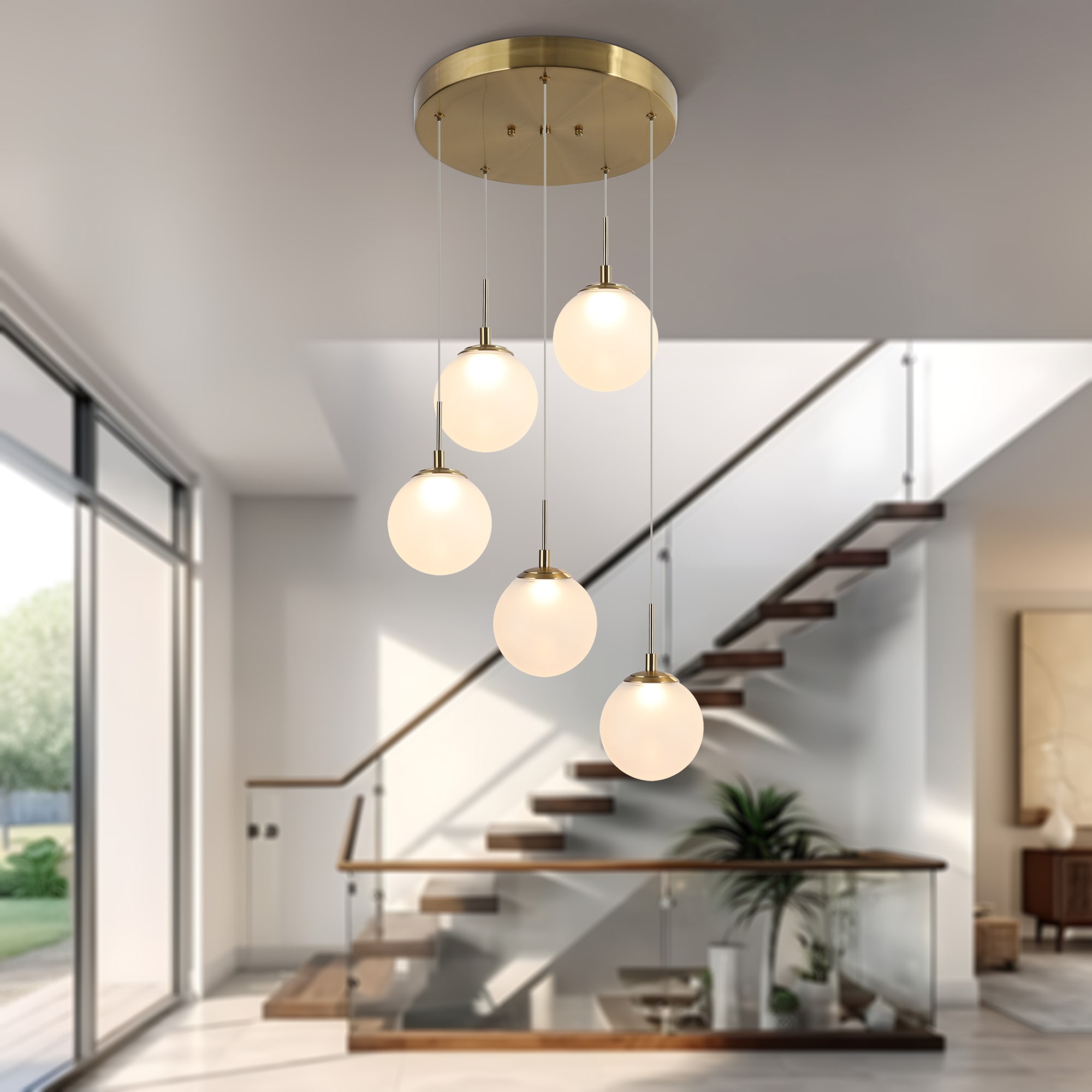 ZEVNI L3QBEMYFW4412SB7 Ballike Modern 5 -Light Polished Gold Brass Cluster Kitchen Island Light Glam Opal glass Globe Integrated LED Medium Hanging Pendant light