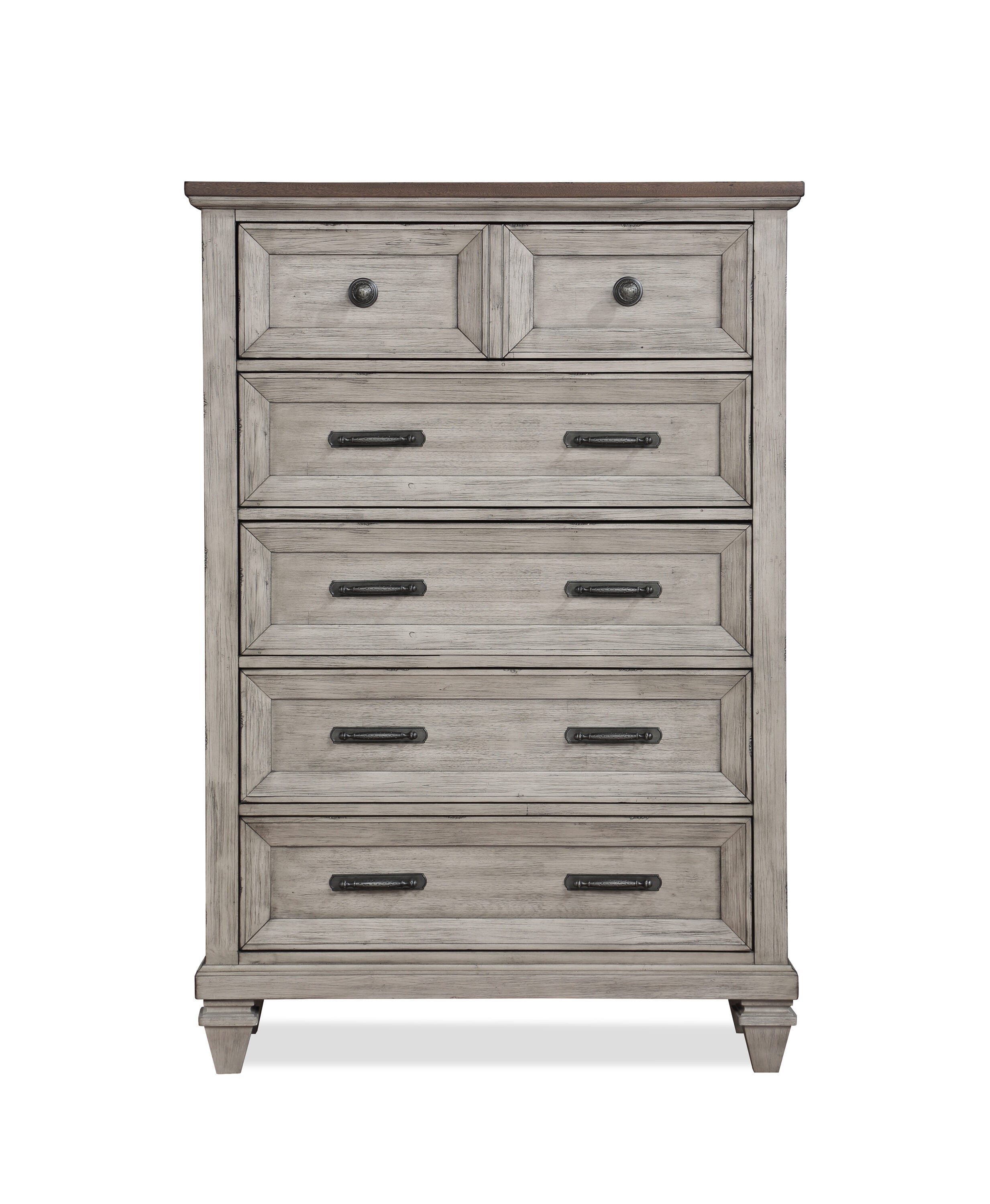 Vintage Creme Acacia Wood 5-Drawer Chest with Walnut Top