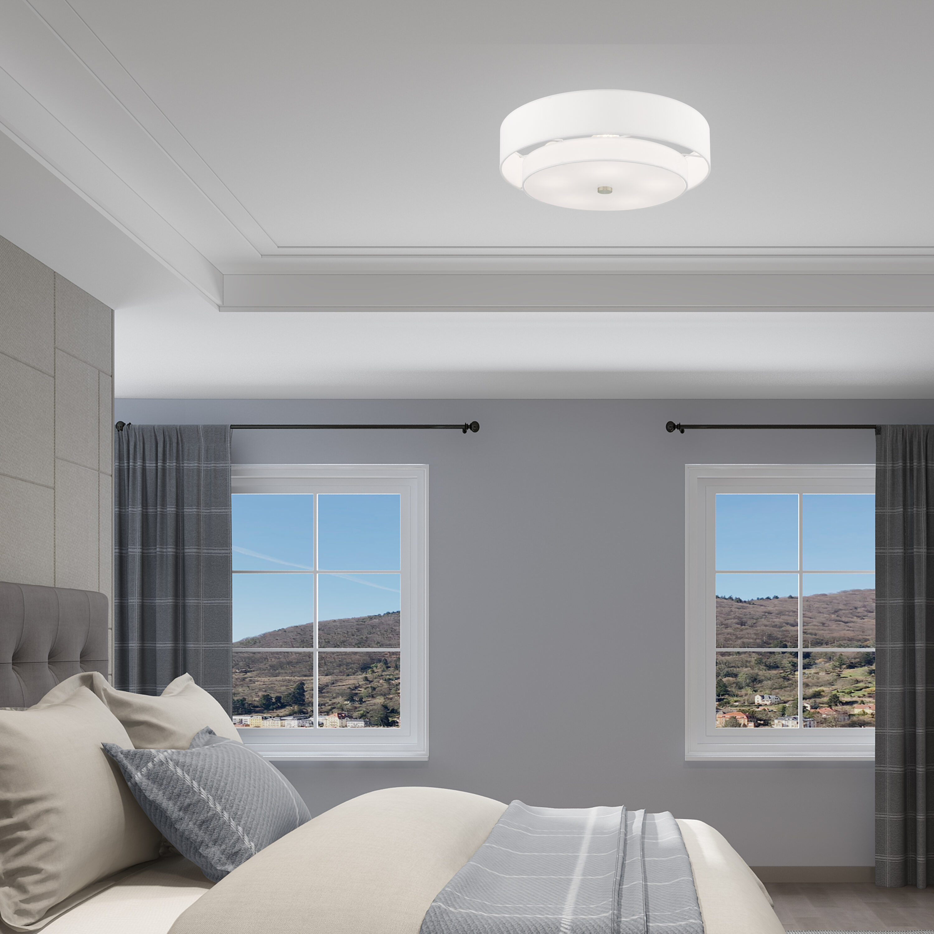 Meridian Brushed Nickel 5-Light Indoor Drum Flush Mount with Off-White Shade