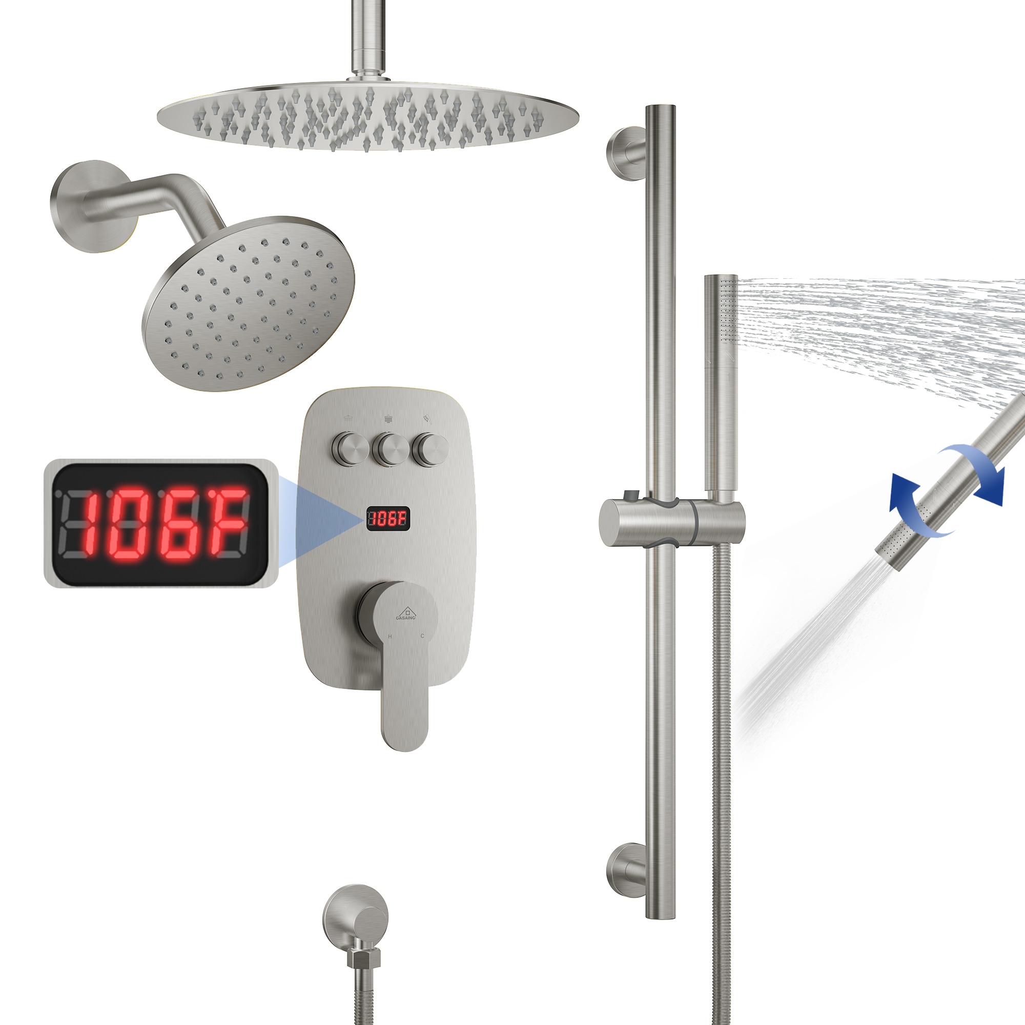 CASAINC BR01008SX12BN Brushed Nickel 12-Inches Dual Head Built-In Shower Faucet System with 3-way Diverter ( Pressure-balanced Valve Included )