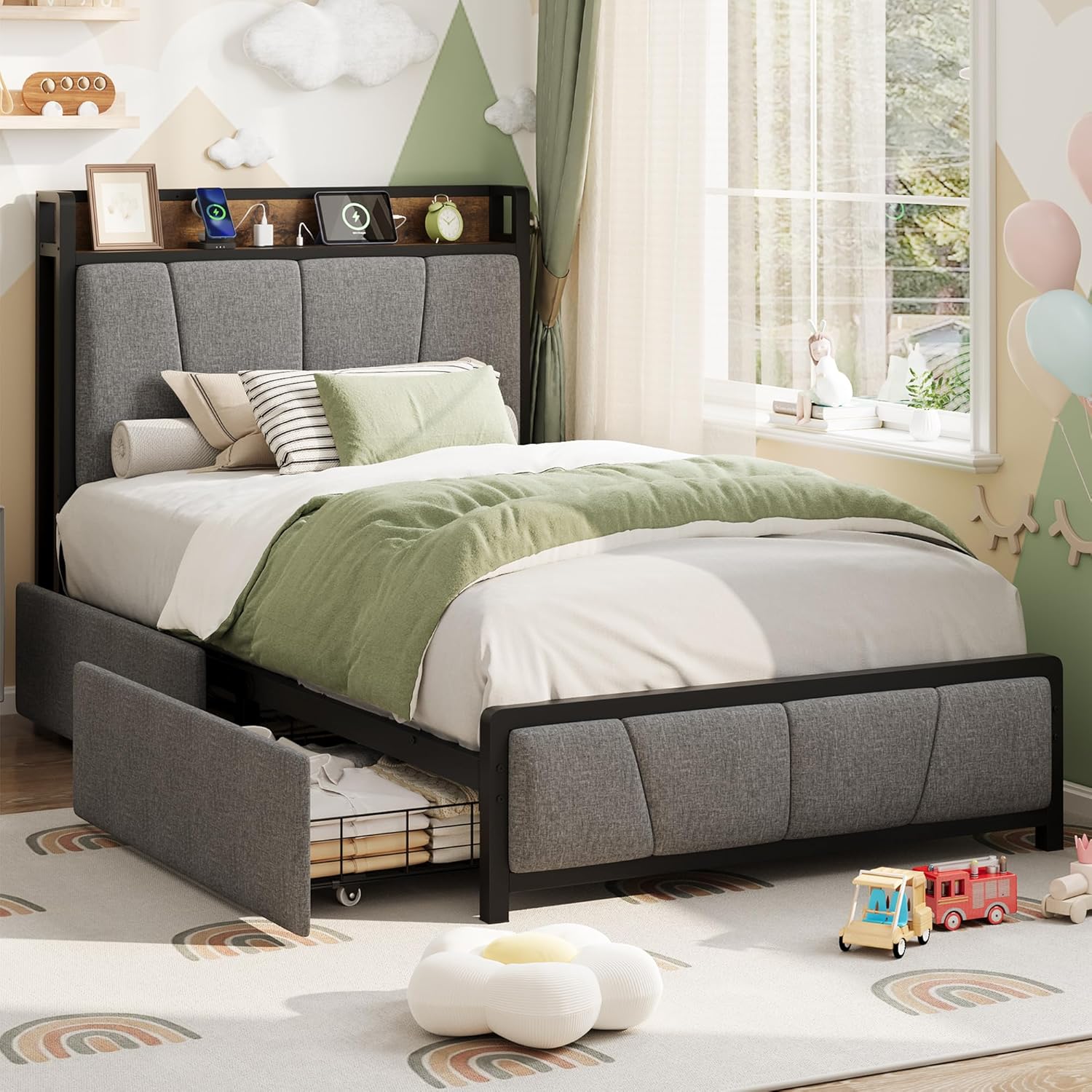 Qeetex LHF-BED-PHO-10VUY6VS Twin-XL Size Bed Frame with 2 Storage Drawers and Charging Station Rustic Linen Upholstered Platform Bedframe with Storage Headboard Heavy Duty No Box Spring Needed Easy Assembly Noise Free