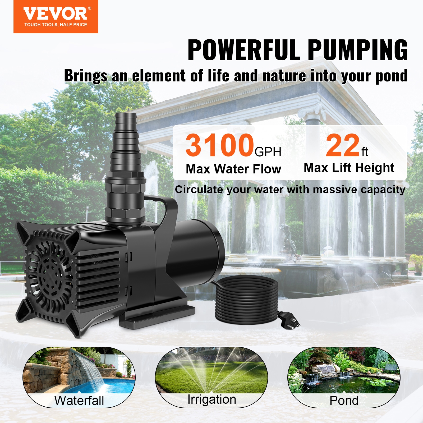 VEVOR Submersible Water Pump 3100 GPH | Electric Pool Pump | 240W Power ...