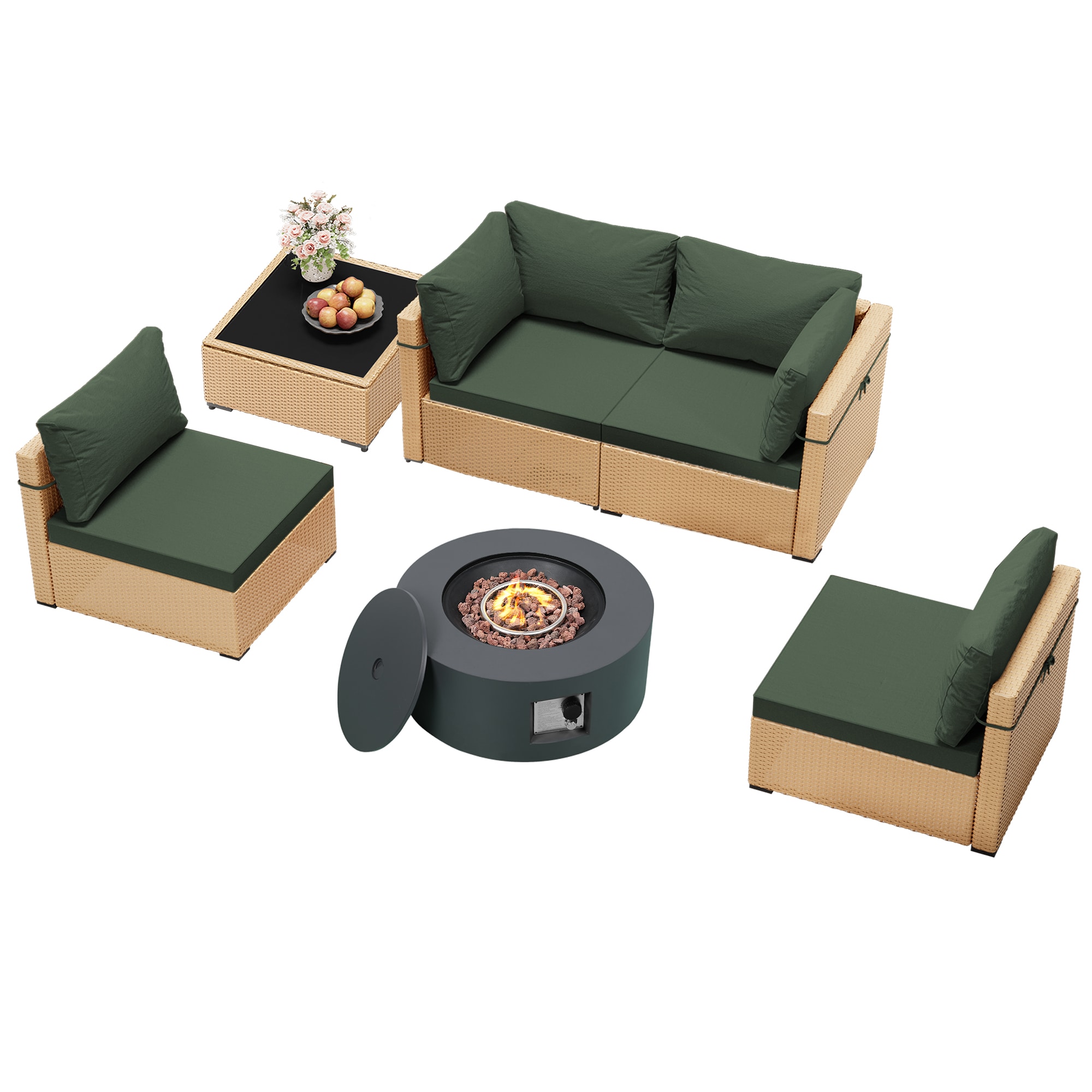 Patio Watcher LS-RT5-Y28TP-Y3 Rattan Sofa Set 6-Piece Rattan 4 Patio Conversation Set with Green Cushions