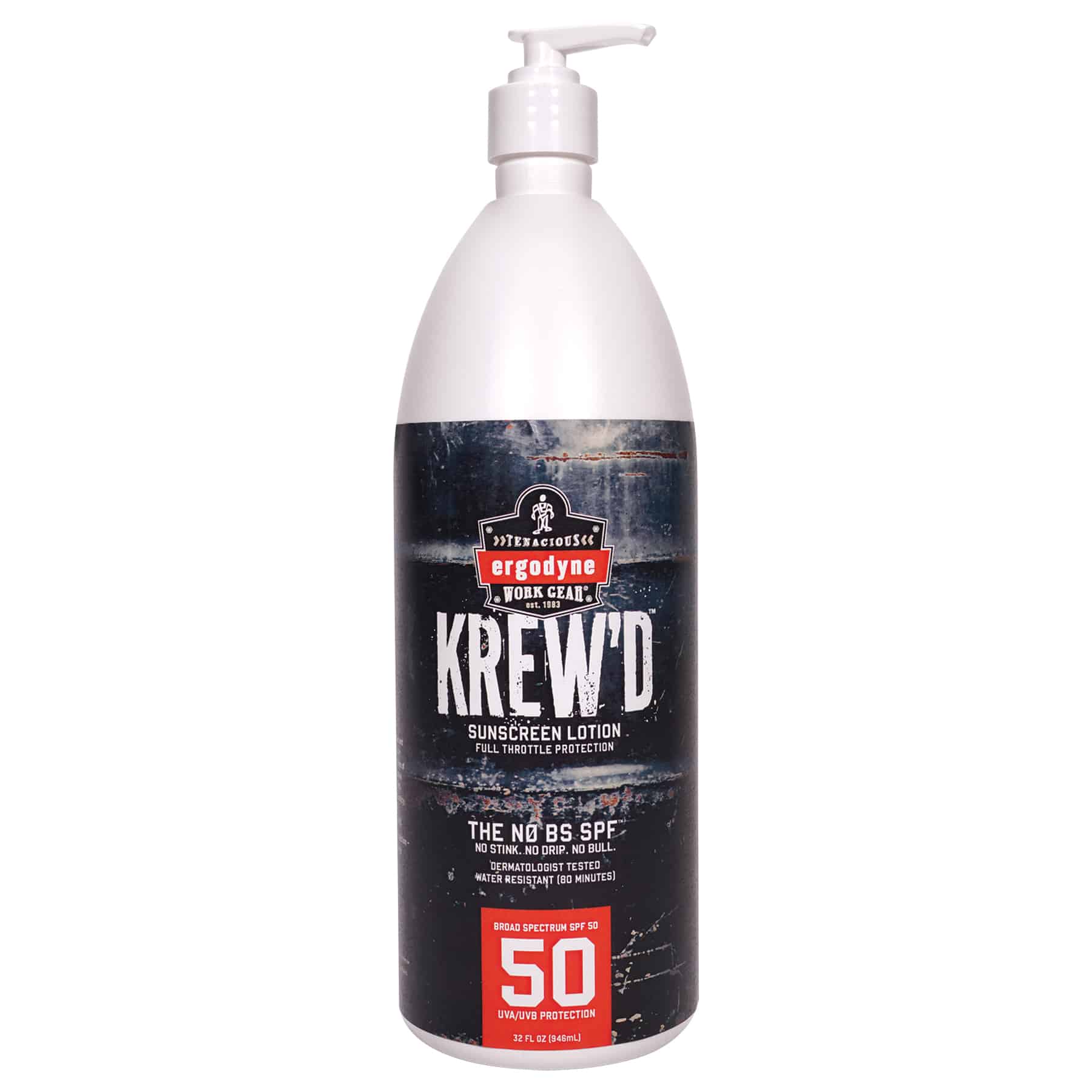 Ergodyne 16635 Broad Spectrum SPF 50 Sunscreen - Large Size 32oz Bottle with Pump for Fast & Easy Application