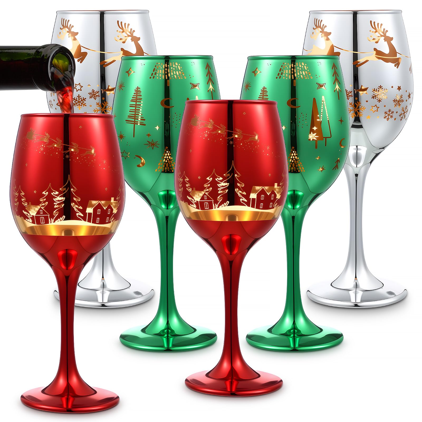 Aoibox 6 piece 11 oz etched Christmas tree village reindeer glass red green silver stemmed festive holiday red wine goblets #LABJFYV9